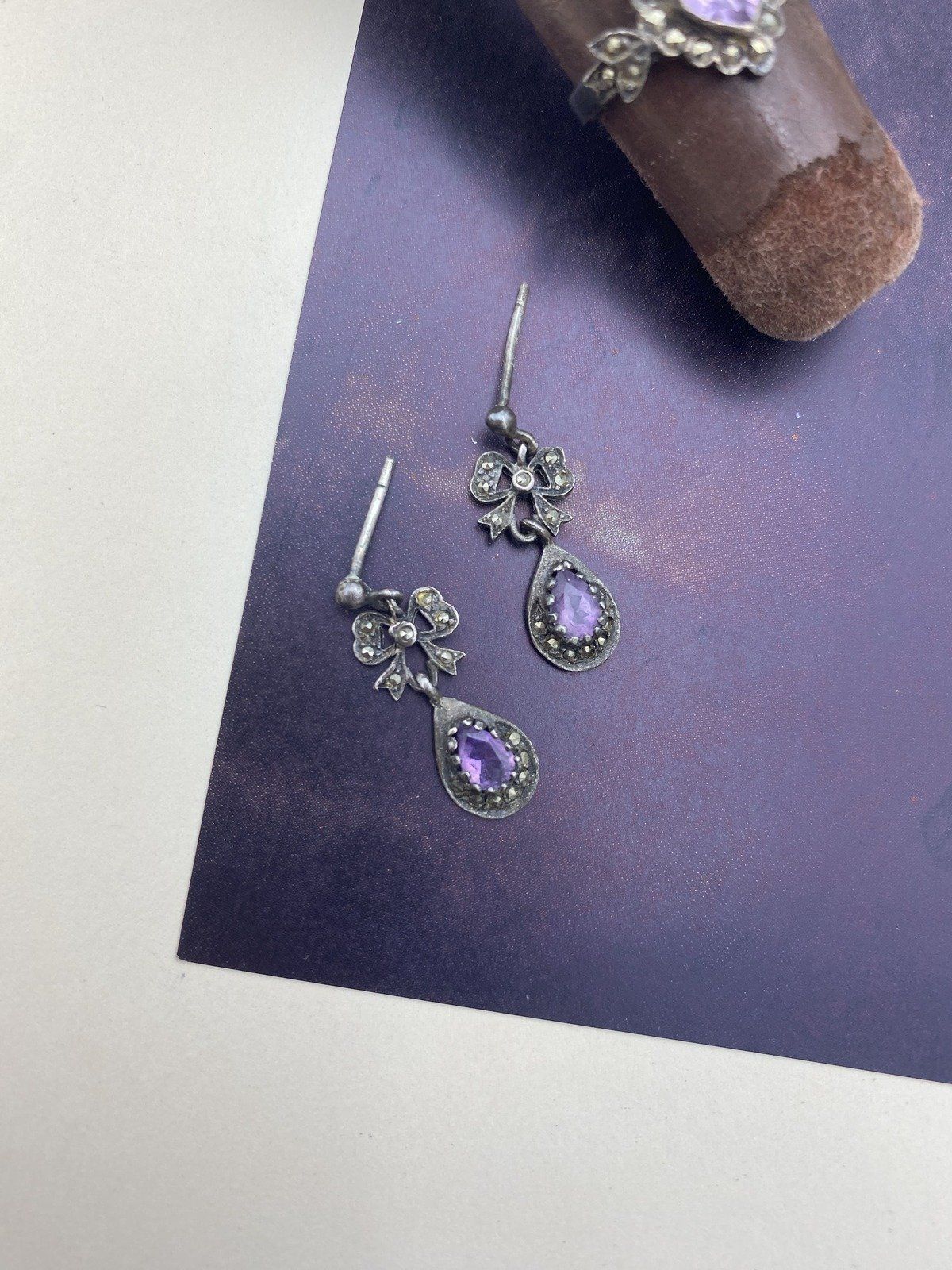 Antique c.1920s Sterling Silver Marcasite + Amethyst Heart Ring + Drop Earrings *SET* 9