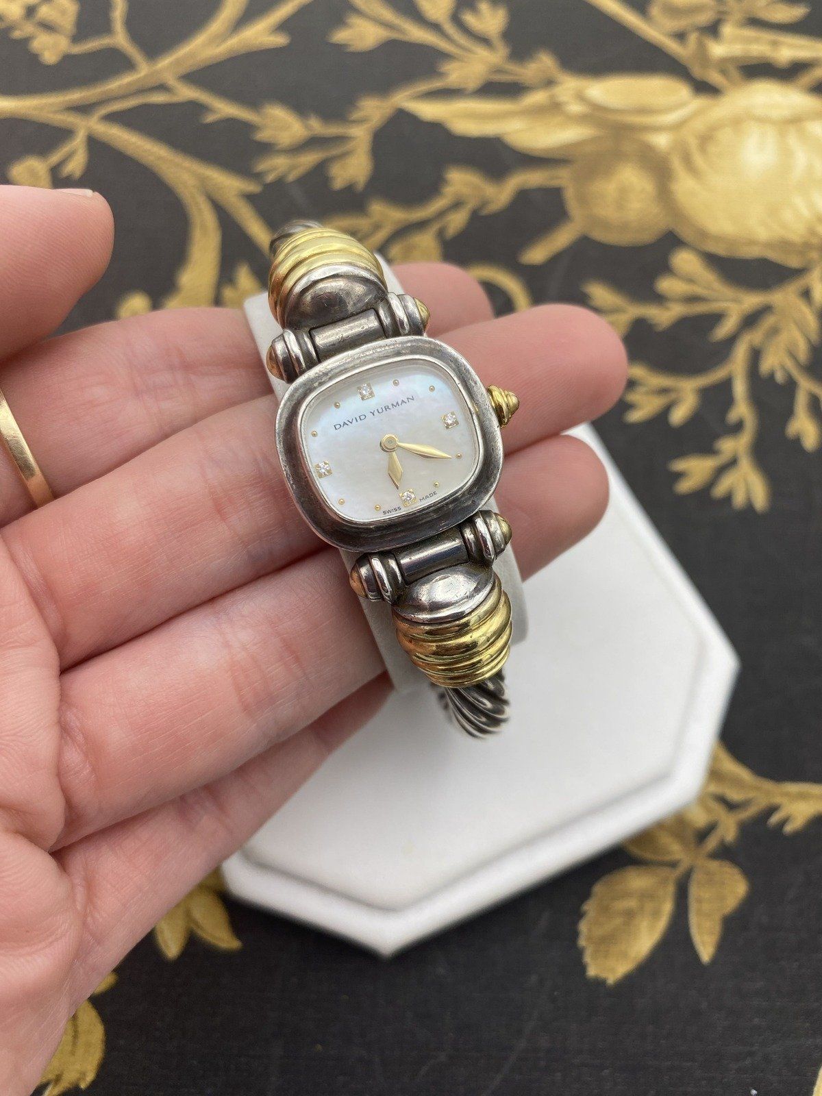 David Yurman Sterling Silver + 18k Gold Cable Twist Ladies Watch w Mother of Pearl + Diamond Dial/Face 4