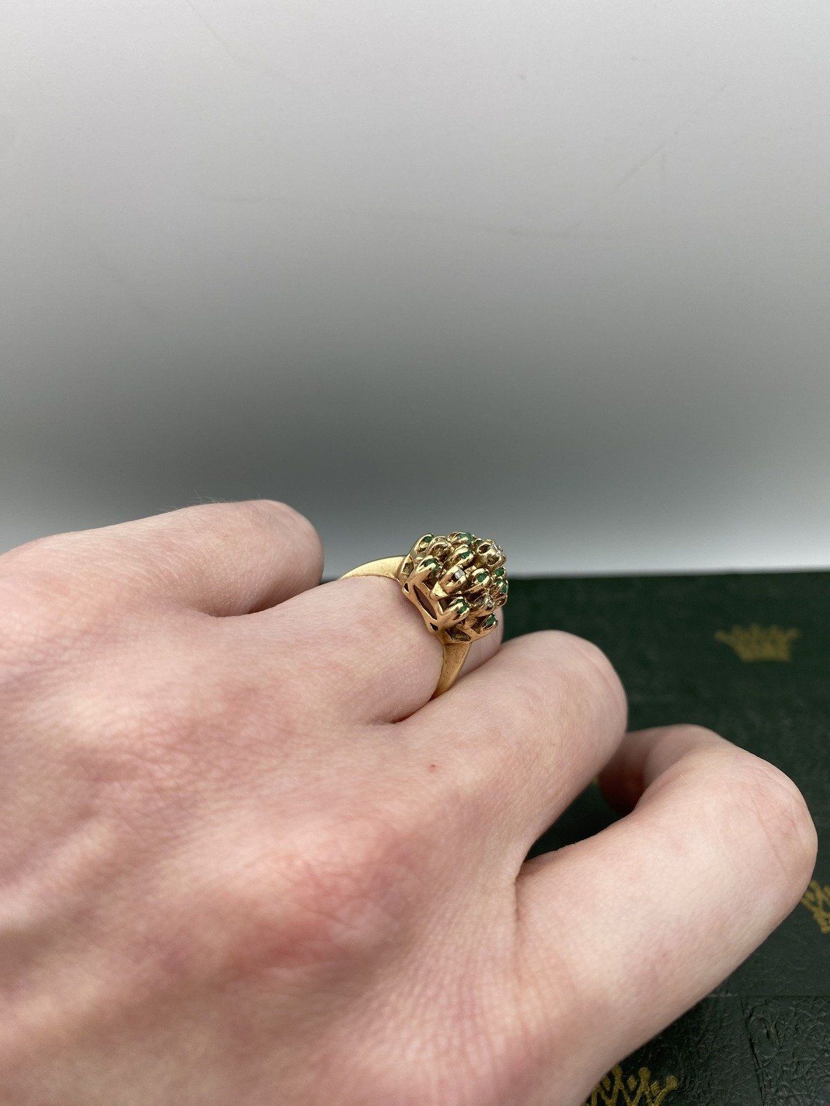 Vintage 10k Gold Emerald + Diamond Cathedral Ring #2461 9