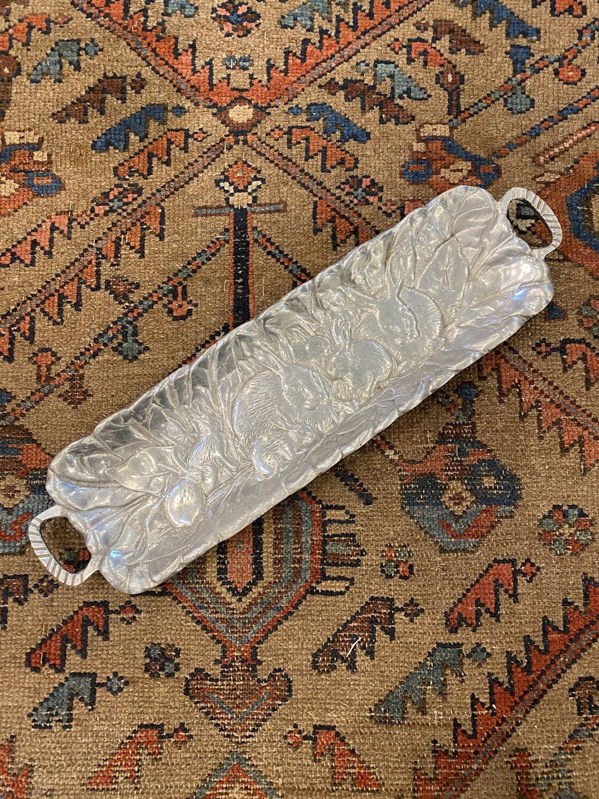 Mexico Made Polished Pewter Chased Rabbit Elongated Dish