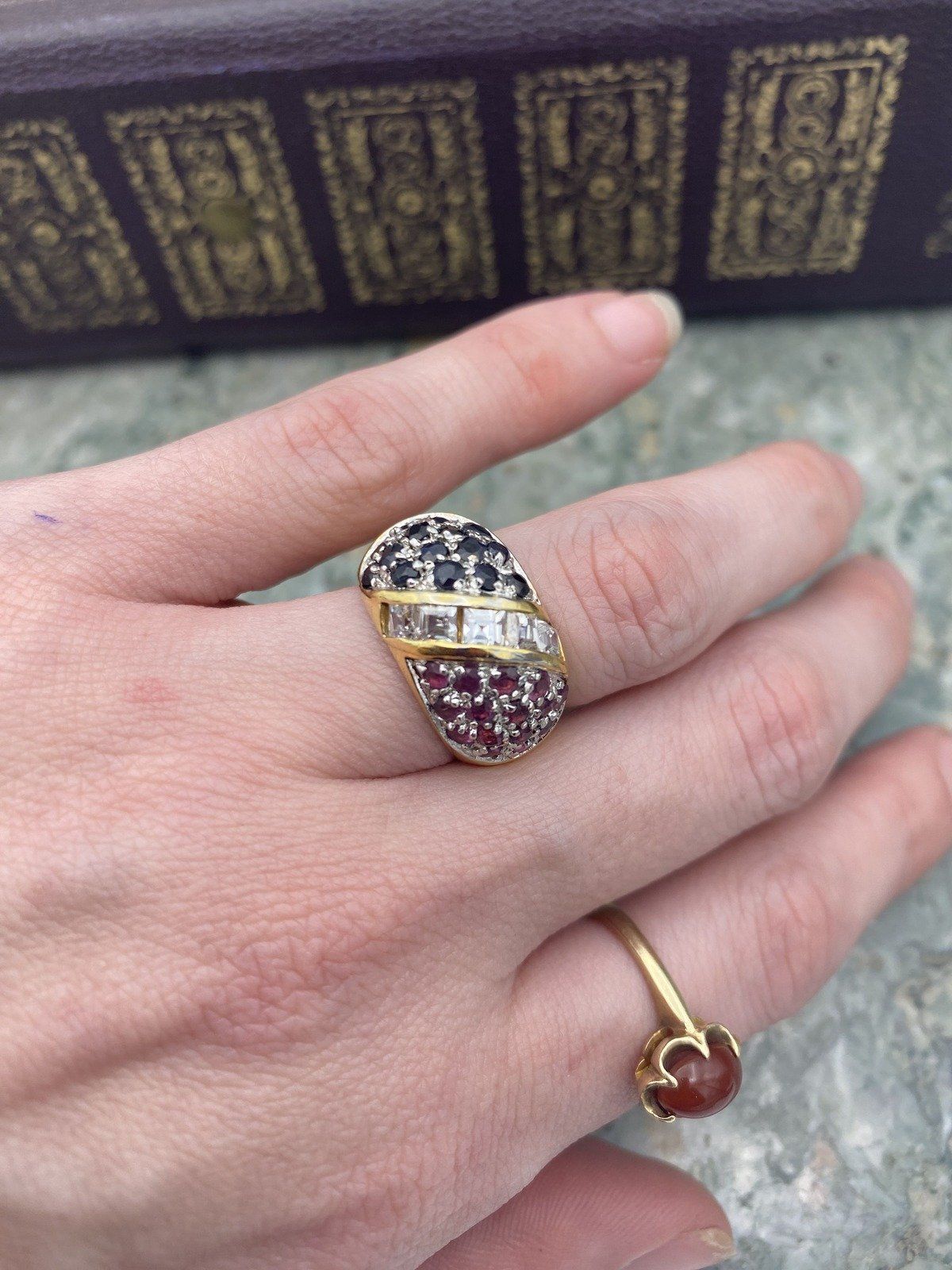 Gold Vermeil Sterling Silver Sapphire + Ruby + White Topaz Bombe Ring 4