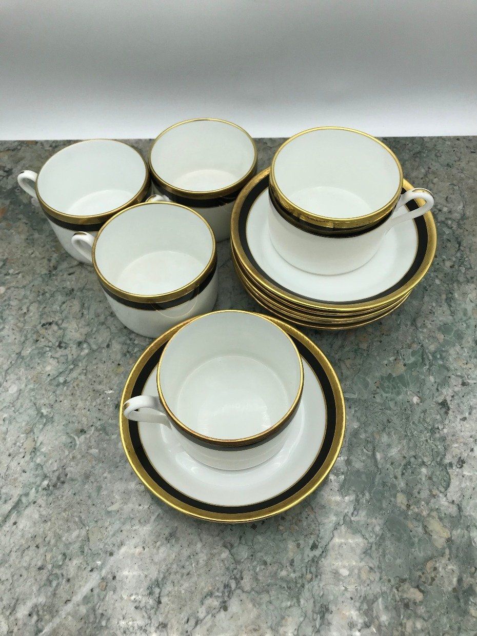 Richard Ginori Italian Palmero Gold + Blk Rim 12pc Tea Cup + Saucers 3