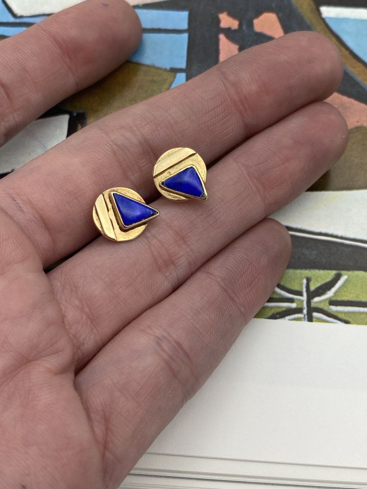 CUTE 14k Gold Modernist Lapis Inlay Geometric Stud Earrings #3075 5