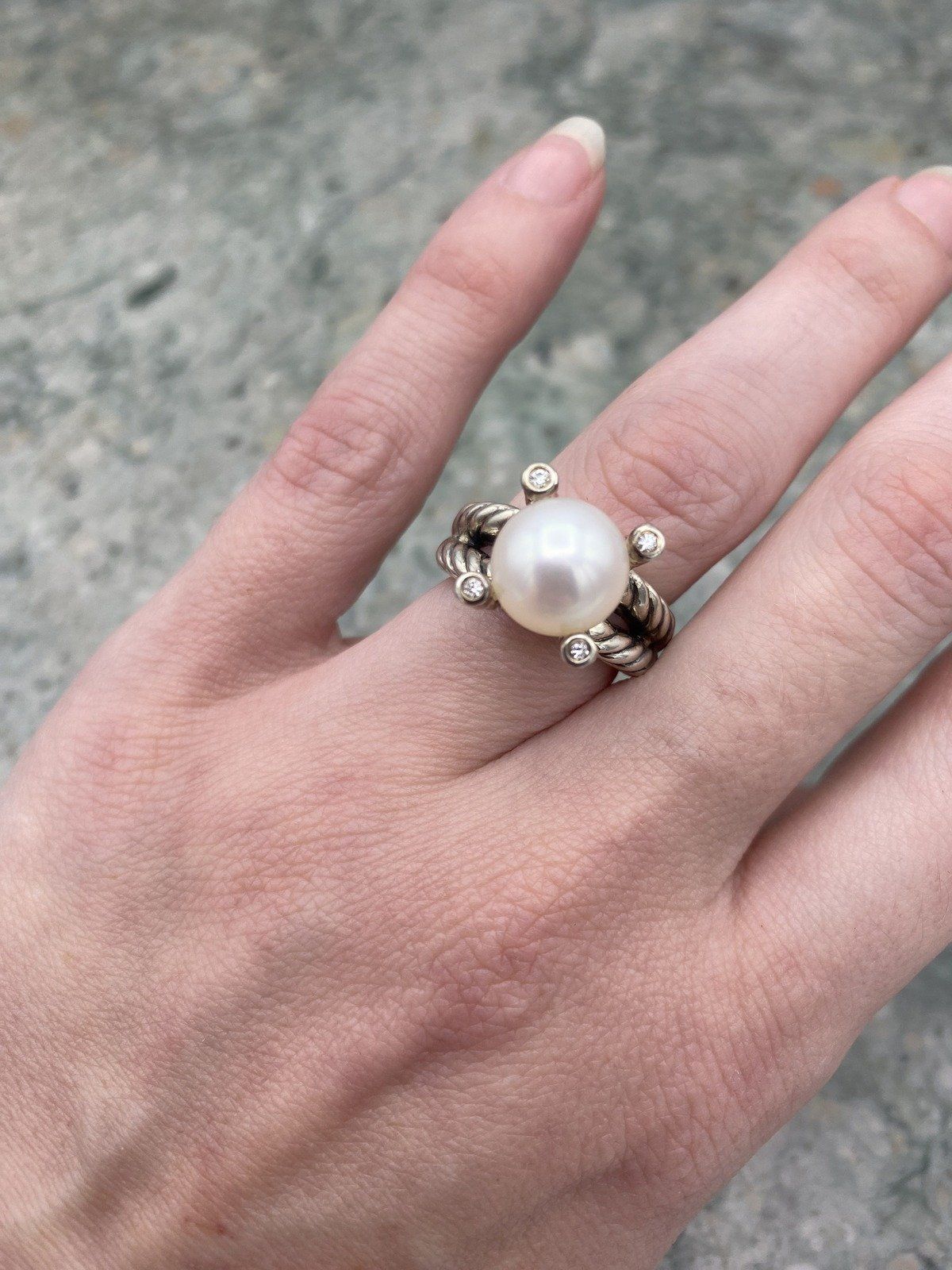 David Yurman Sterling Silver Rope Twist + Pearl + Diamond Prong Solitaire Ring 8