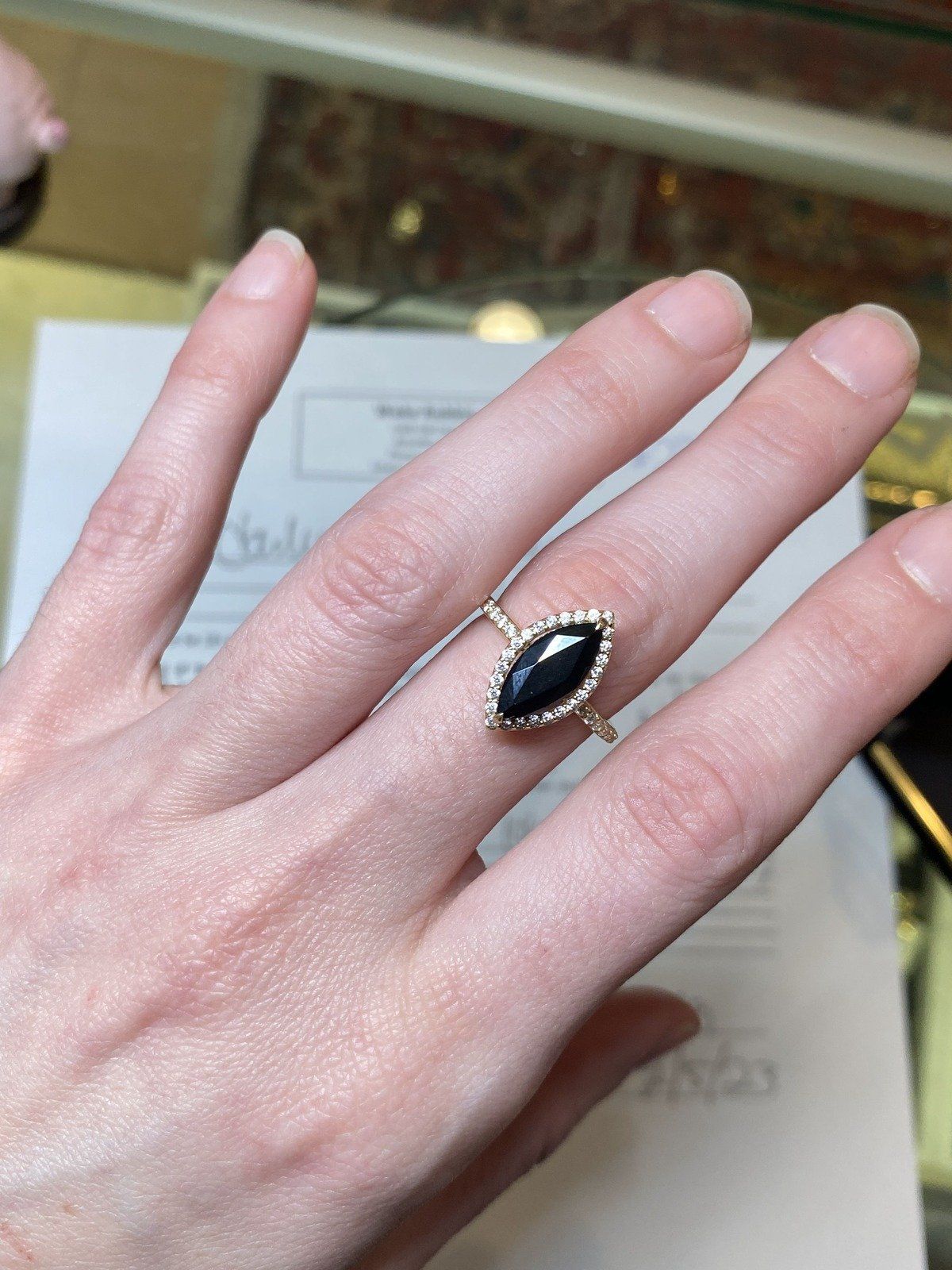 10k Onyx + Cubic Zirconia Marquise Navette Ring #2230 9