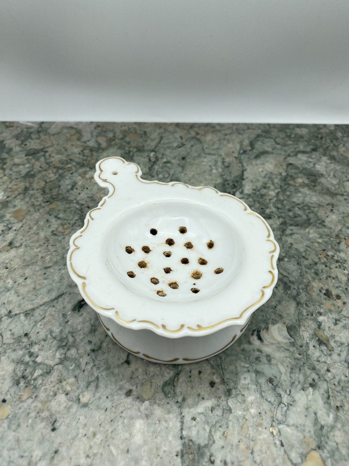 Antique Bone China + Gilt Ceramic Tea Strainer + Drip Catch