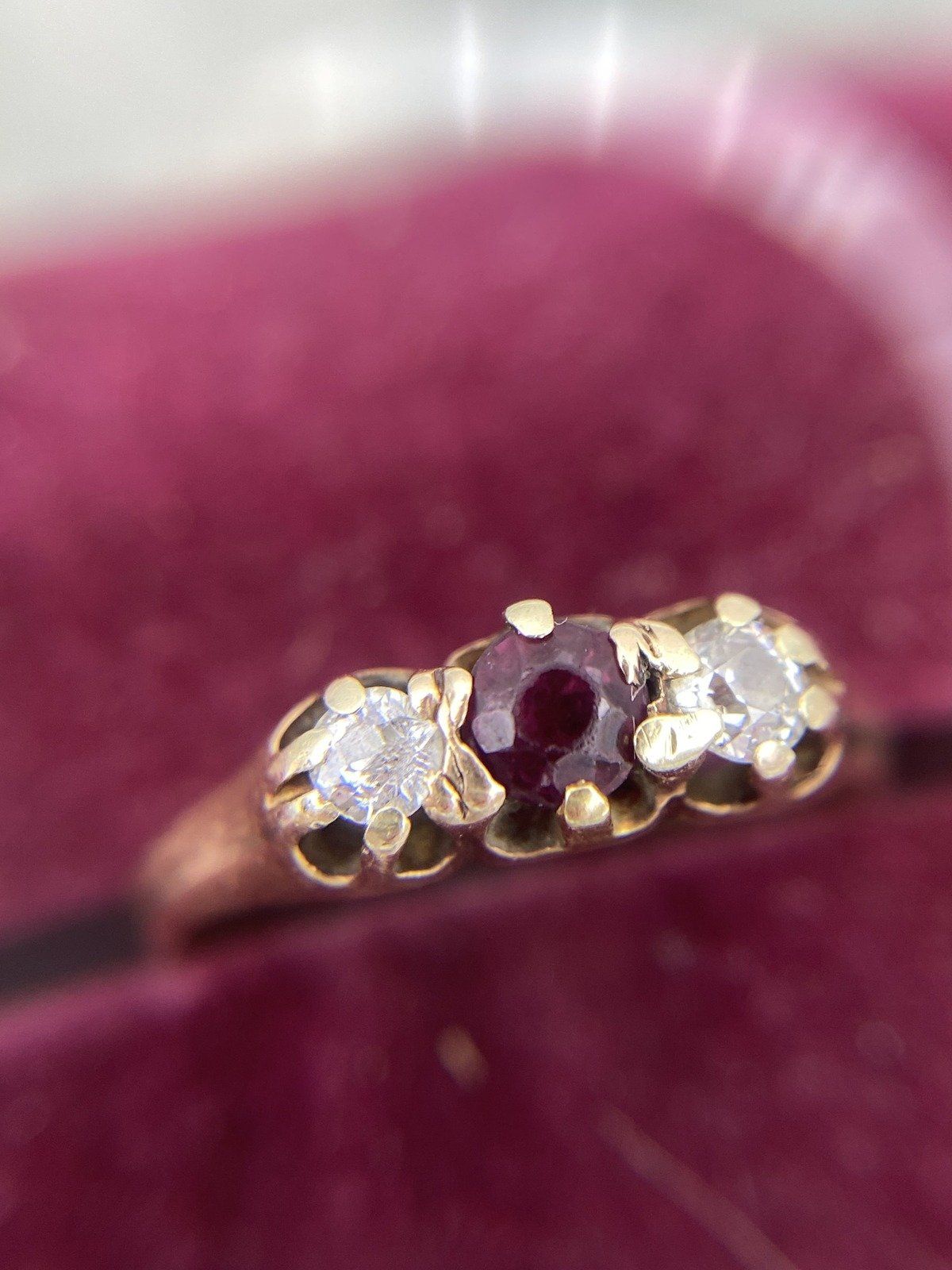 Very Old + Very Small Antique 18k Gold Ruby + Diamond Pinky Promise Ring 7
