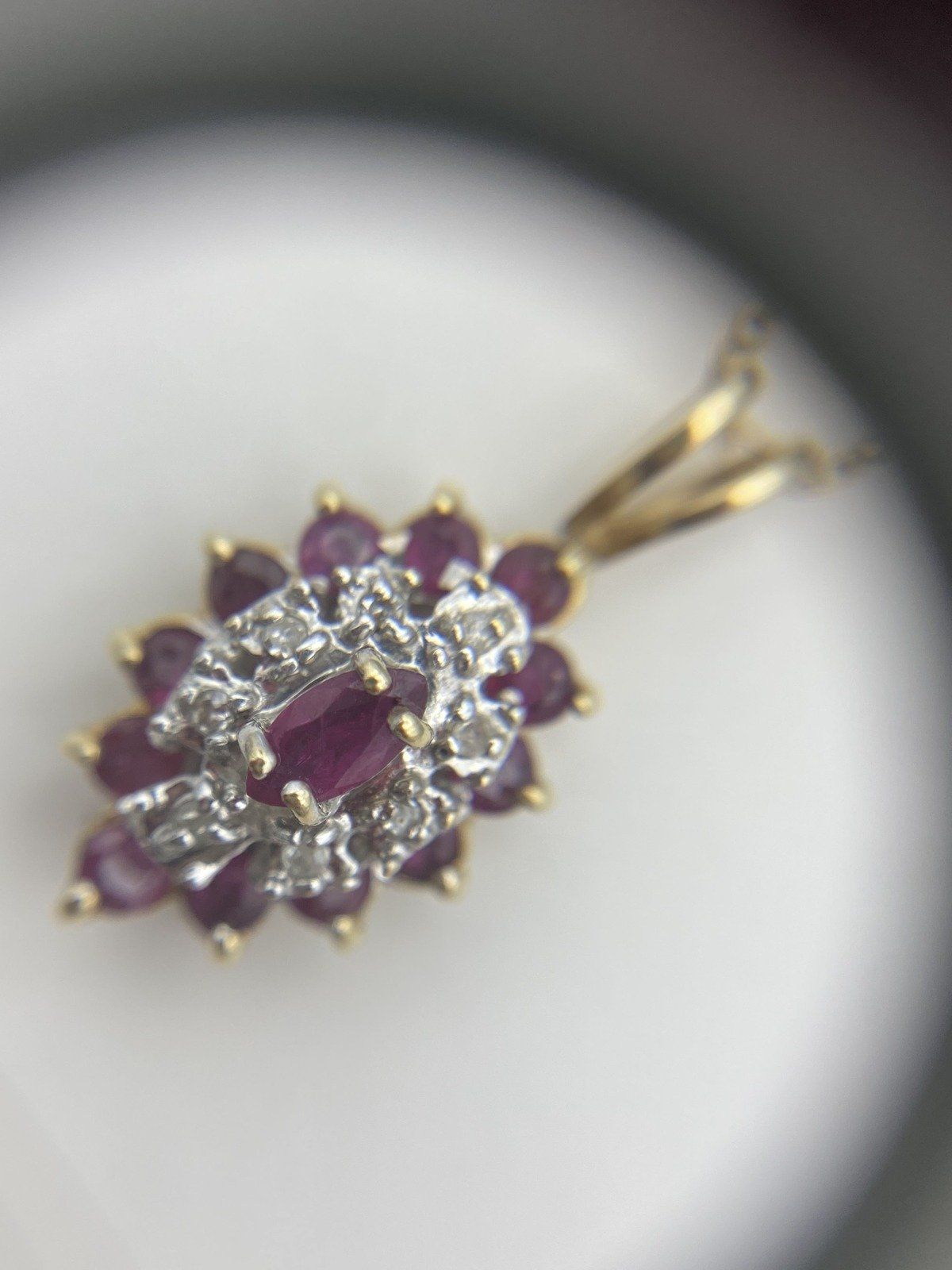 14k Gold Marquise Cluster Ruby + Diamond Drop Necklace 18L 7