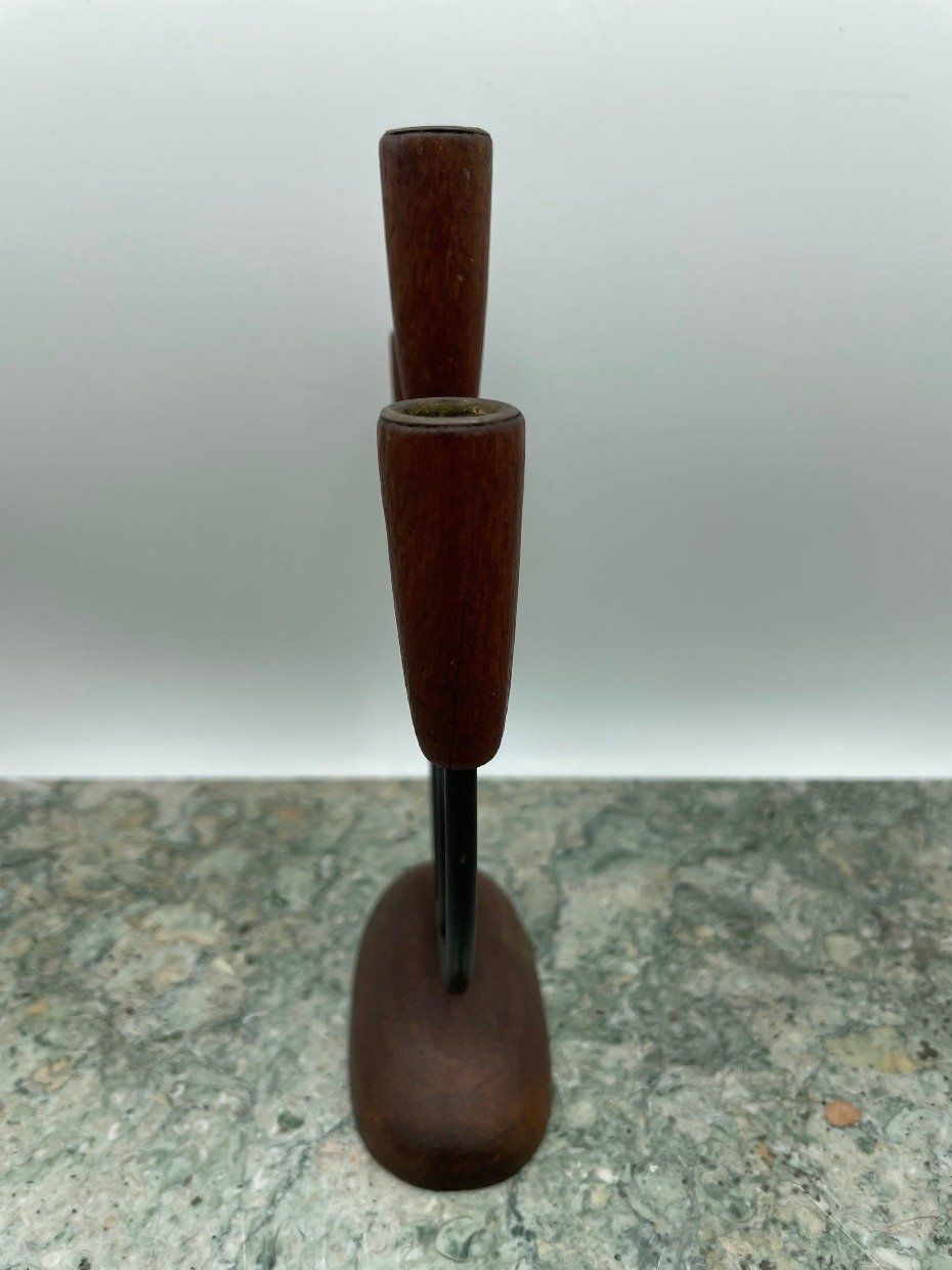 Shapely Wooden Three Spot Candle Stick Holder w Iron Crescent Center 3