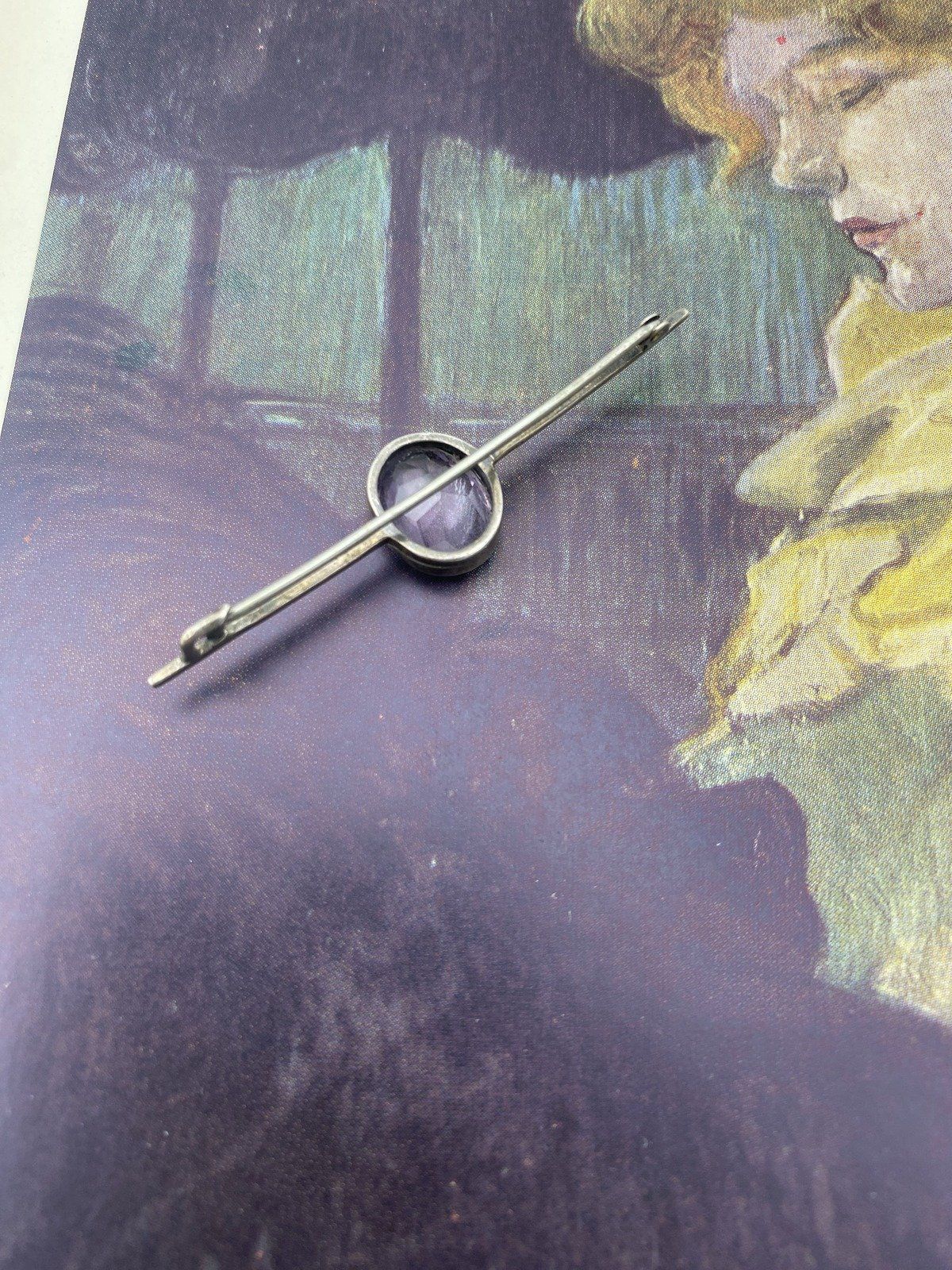 Antique Sterling Silver Bar Pin Brooch w Lavender Vera Cruz Amethyst Oval Center 12