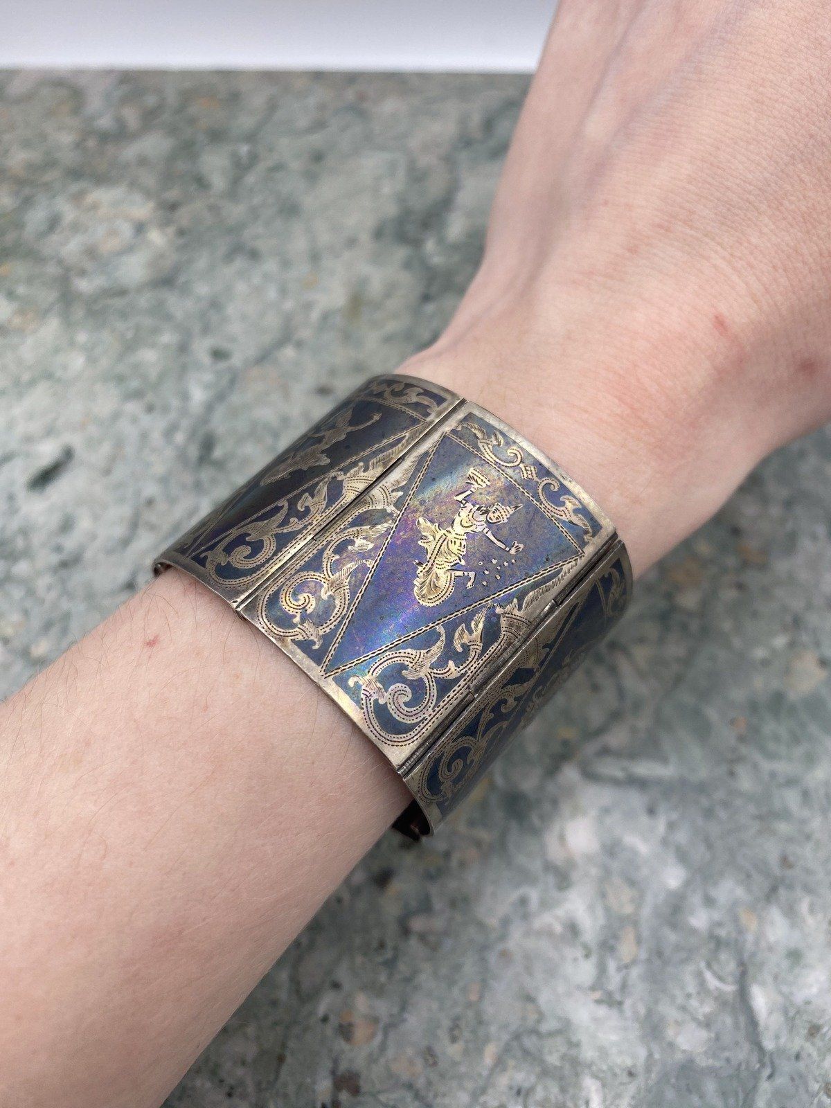 Vintage c.1940s/50s Siam Sterling Silver Book Link Figural Traditional Dancer Articulated Cuff Bracelet 6.5 13