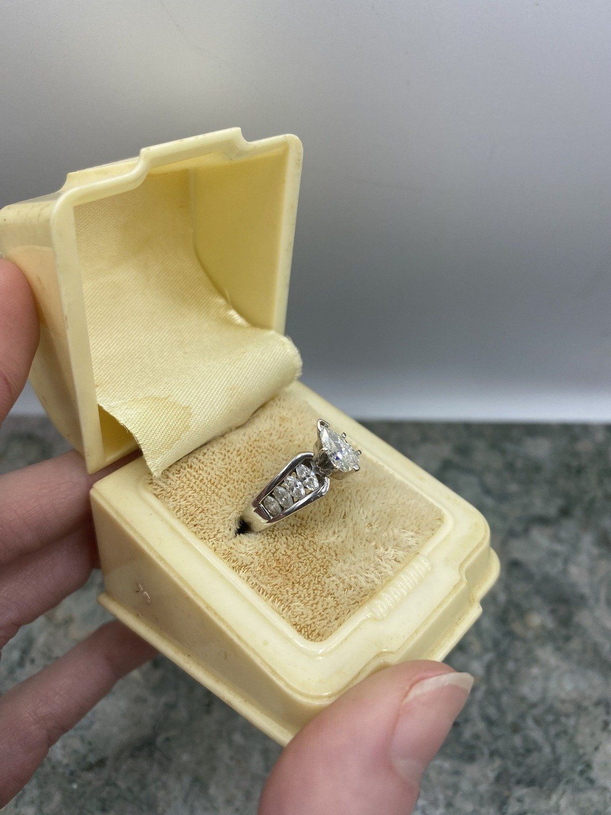 18k White Gold .75ct Center Pear Cut Diamond Engagement Ring w Marquise Channel Set Diamond Shoulders 2