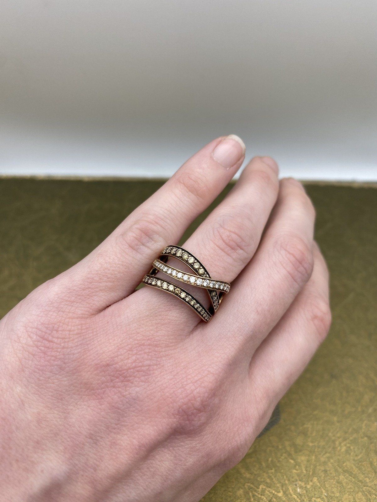 14k Rose Gold LeVian Chocolate + White Diamond Crossover Band w Black Enameling #2194 3