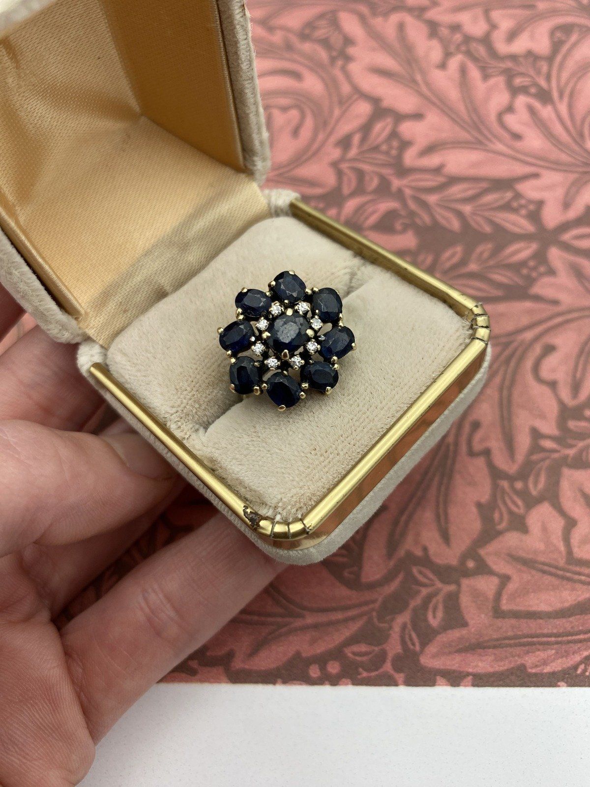 Antique 14k Gold Diamond Sapphire Petal Flower Cluster Ring 3