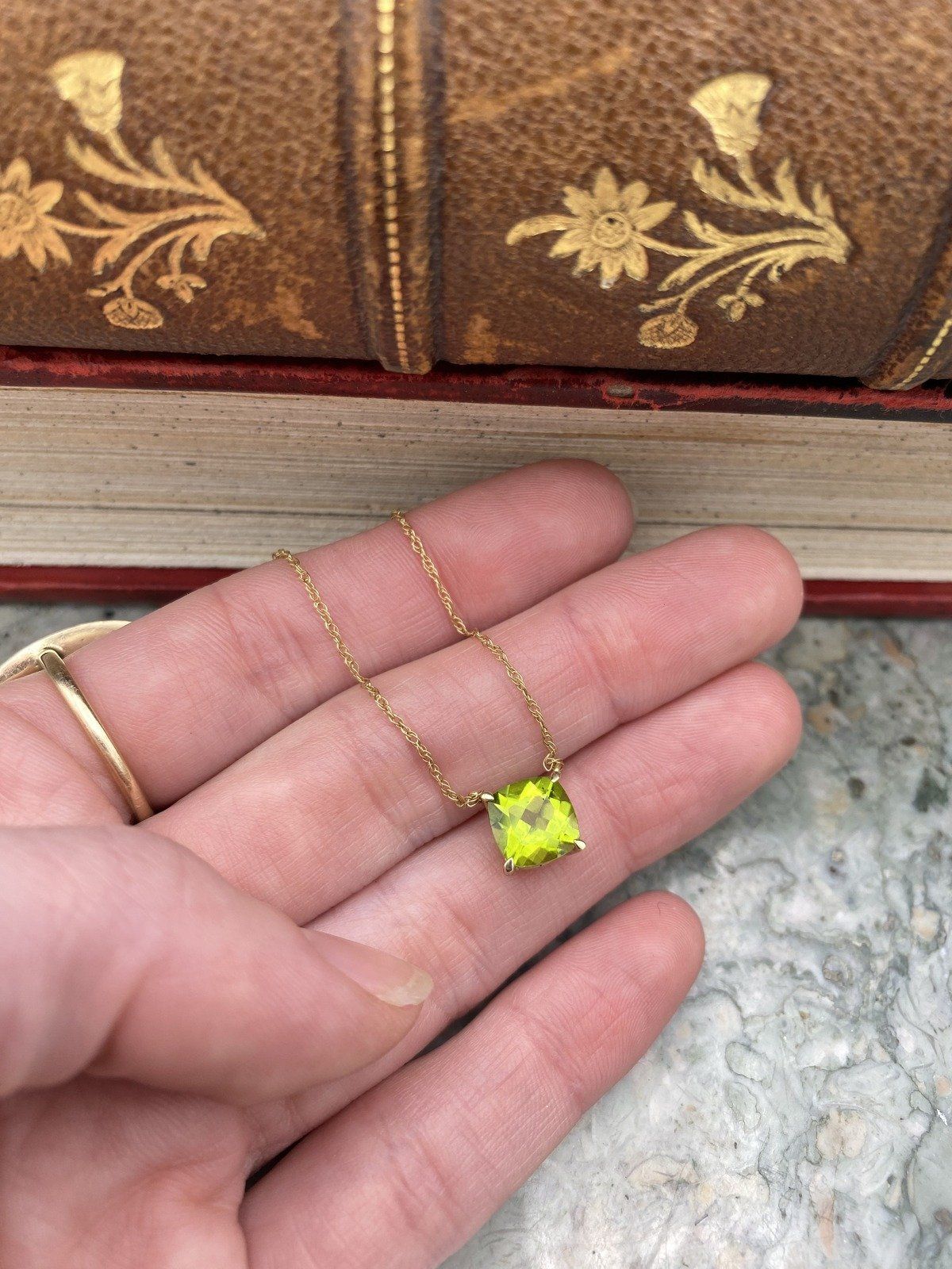 14k Gold Cushion Cut 16L Peridot Drop Necklace 3