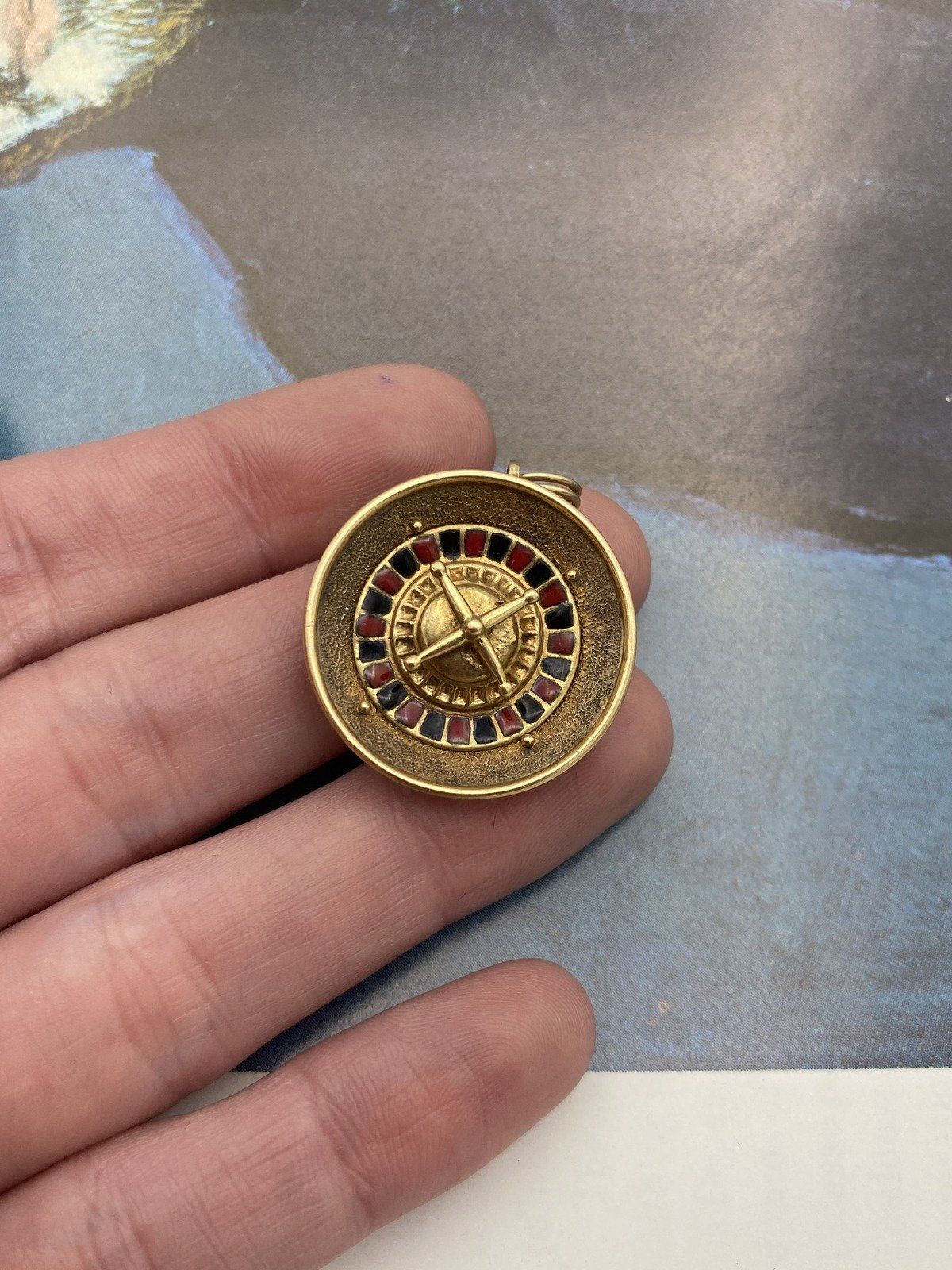 Cool Kinetic 18k Gold Vintage Mid Century c.1950s Roulette Wheel Casino Charm w Enamel Details + Green & Blue Chalcedony Posterior 2