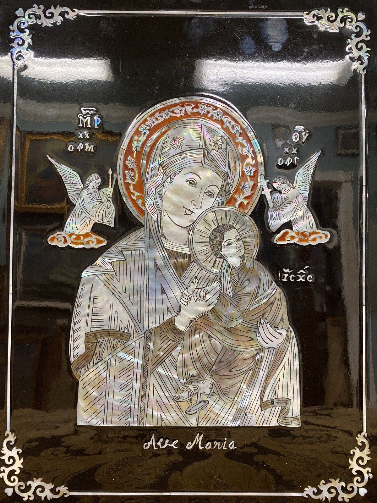 Religious Mother of Pearl Virgin Mary Lacquered Wood Wall Panel Art 2