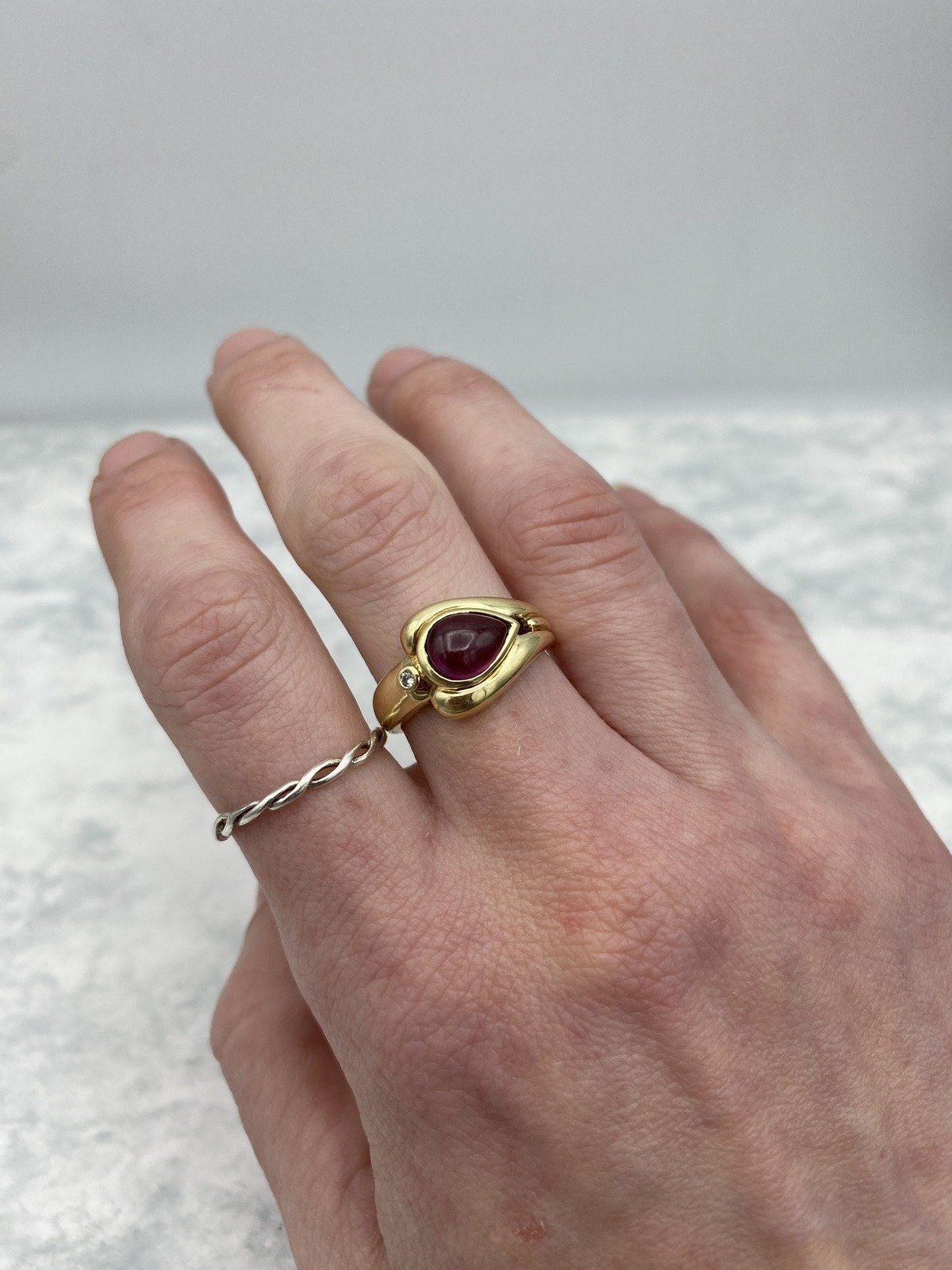 14k Gold Asymmetrical Pear Cab Rubellite Tourmaline Diamond Accented Curvature Ring 10