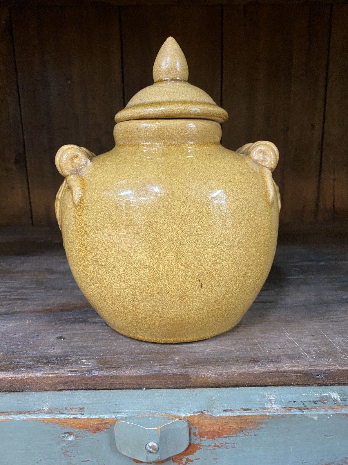 Vintage Crazed Tawny Brown Ceramic North Wind Face Ginger Jar 3