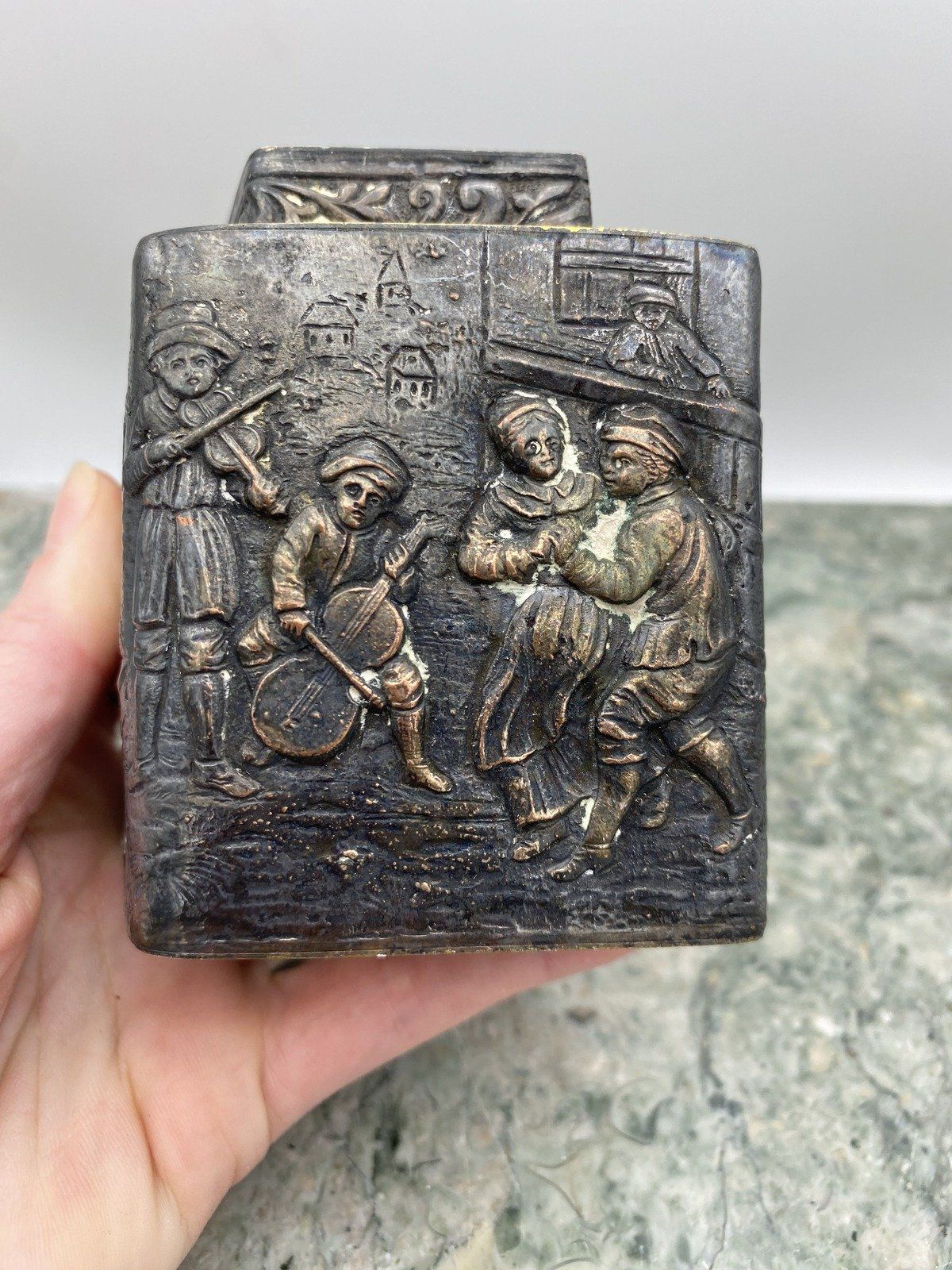 Antique Silver Plated Repousse Dutch Webster & Sons Figural Tea Caddy w C-de-V Detail 5
