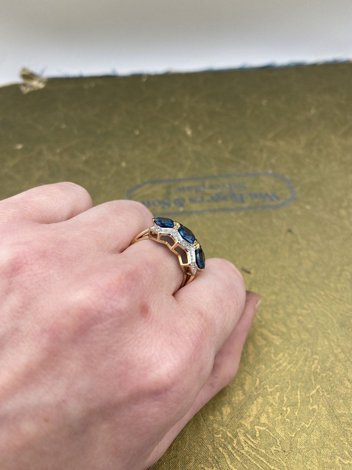14k Gold Blue Tourmaline + Diamond Cushion Trio Ring 7