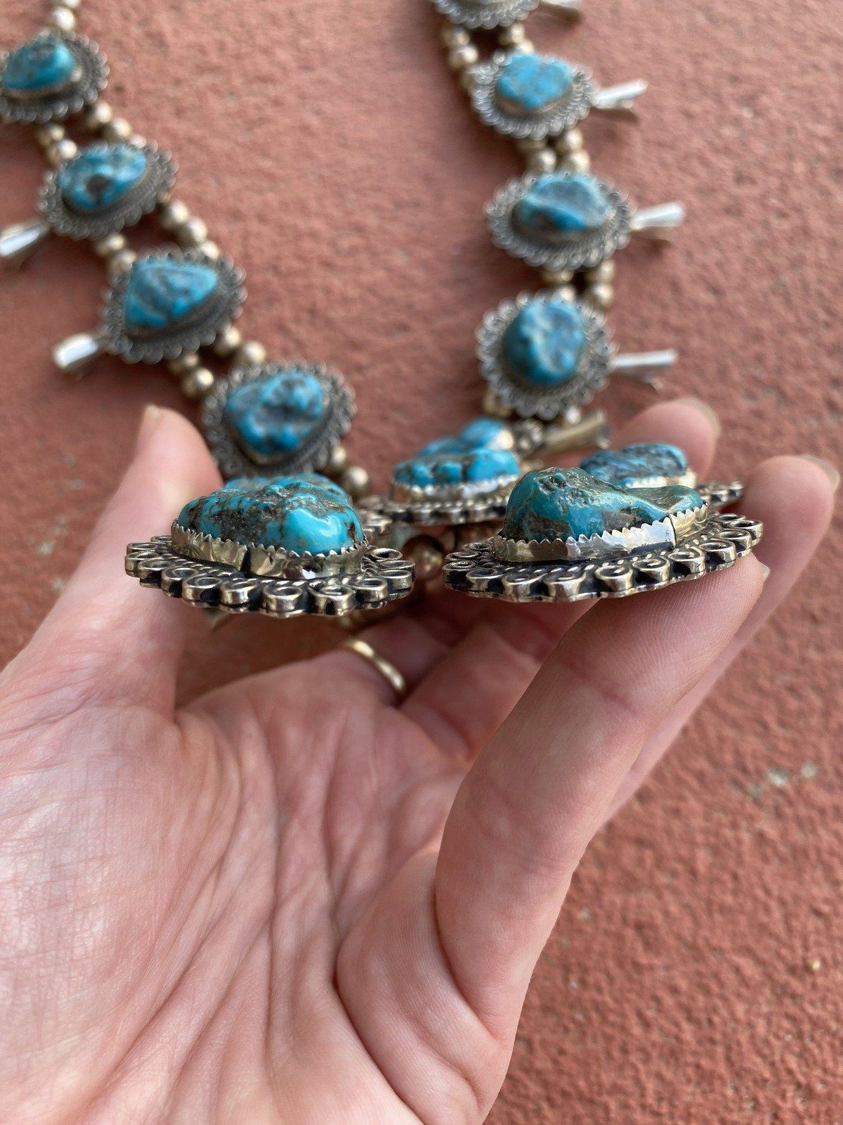 Vintage c.1970s Unsigned Navajo Native American Turquoise Squash Blossom Necklace 5