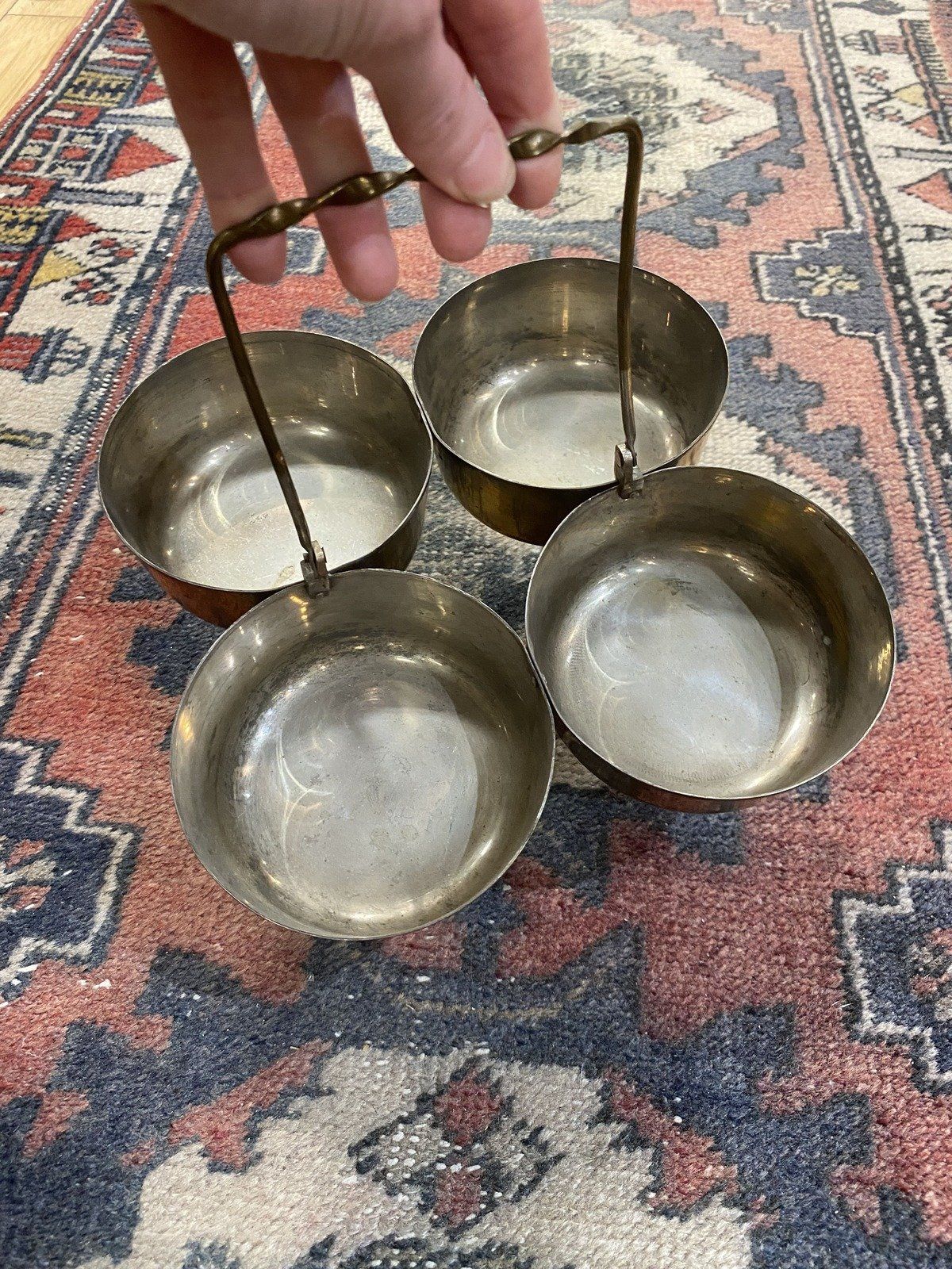 Vintage India Made 4x Vessel Brass Chopala Spice/Incense Dish w Handle 5