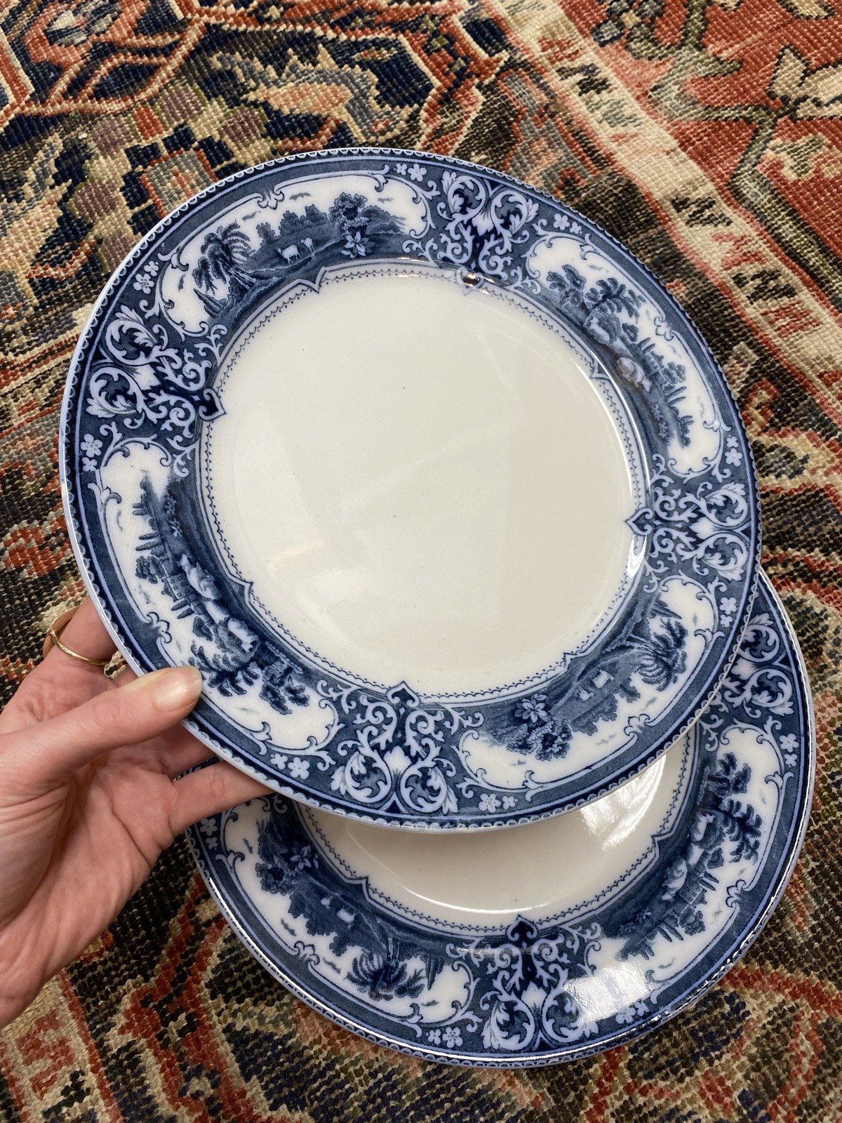 Antique Set of 3 English F. & Sons Flow Blue Verona 10.5 Dinner Plates 9