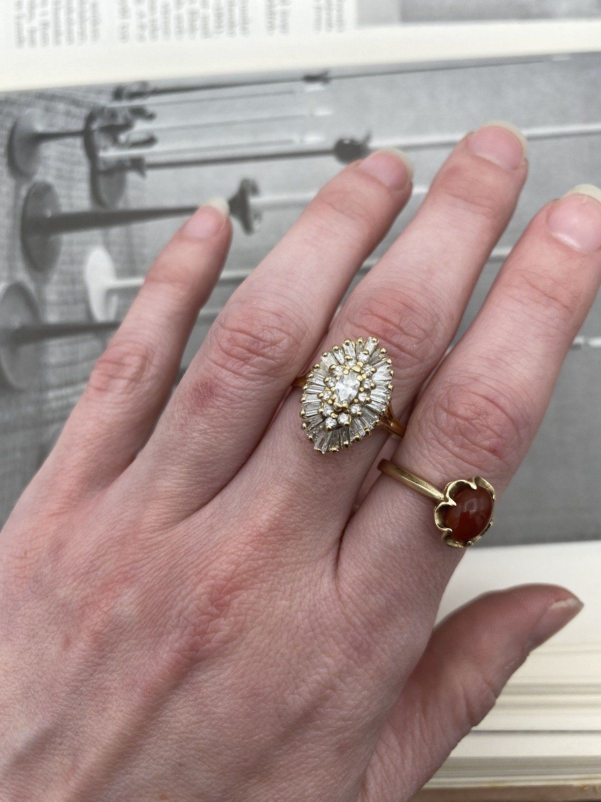 14k Gold Marquise Diamond Center + Baguette Diamond Halo Navette Dinner Ring #3481 4