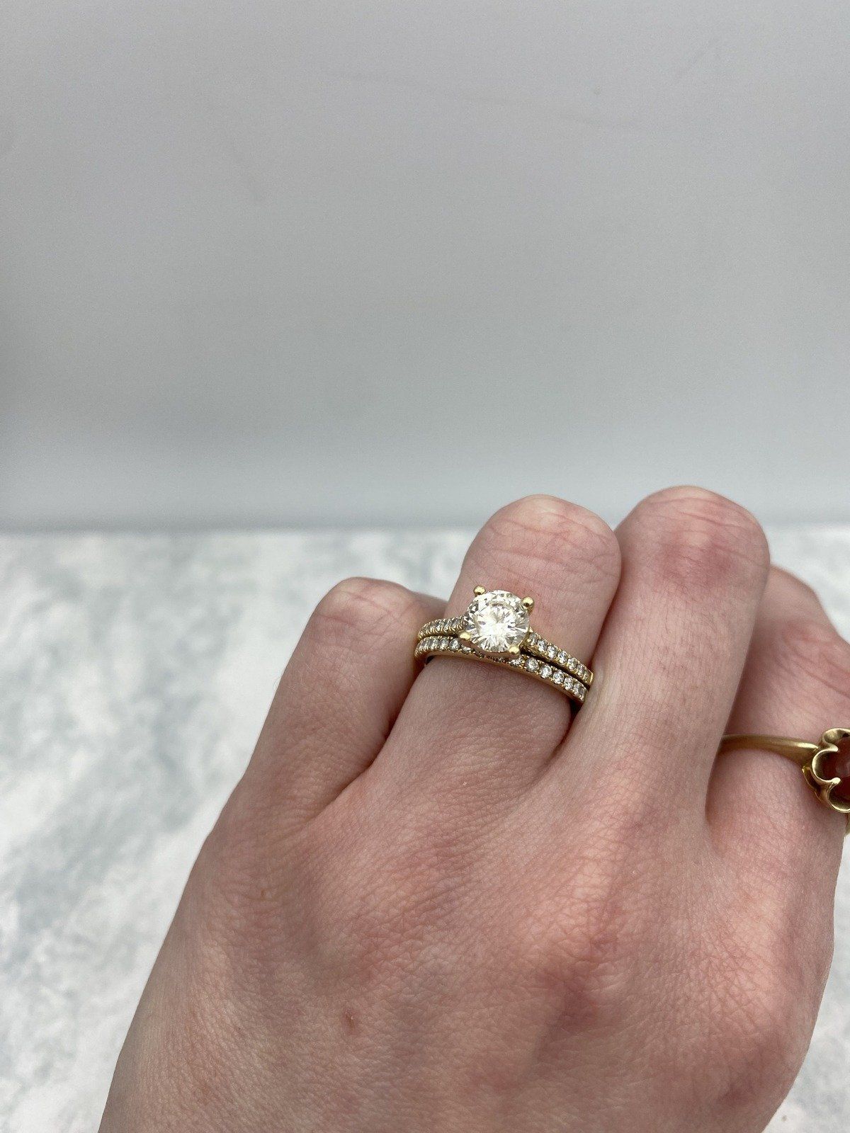 Traditional 14k Gold 1.25ct Solitaire Diamond Engagement Ring w Soldered Sizer + Pave Diamond Band 11