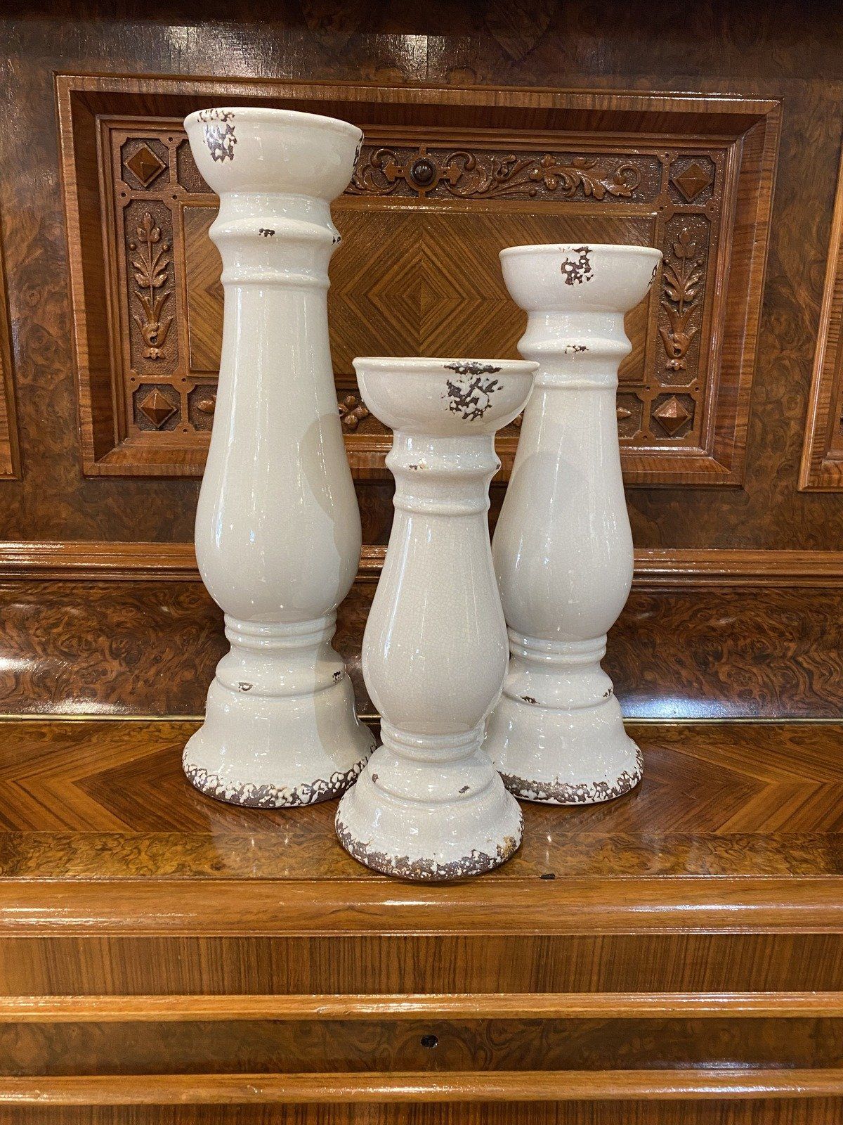 Trio of Modern Crazed Style White Candle Risers 5