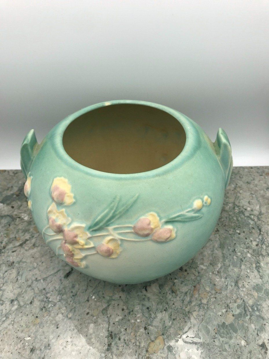 Roseville Pottery Tiffany Blue + Bloom Squat Vase 3