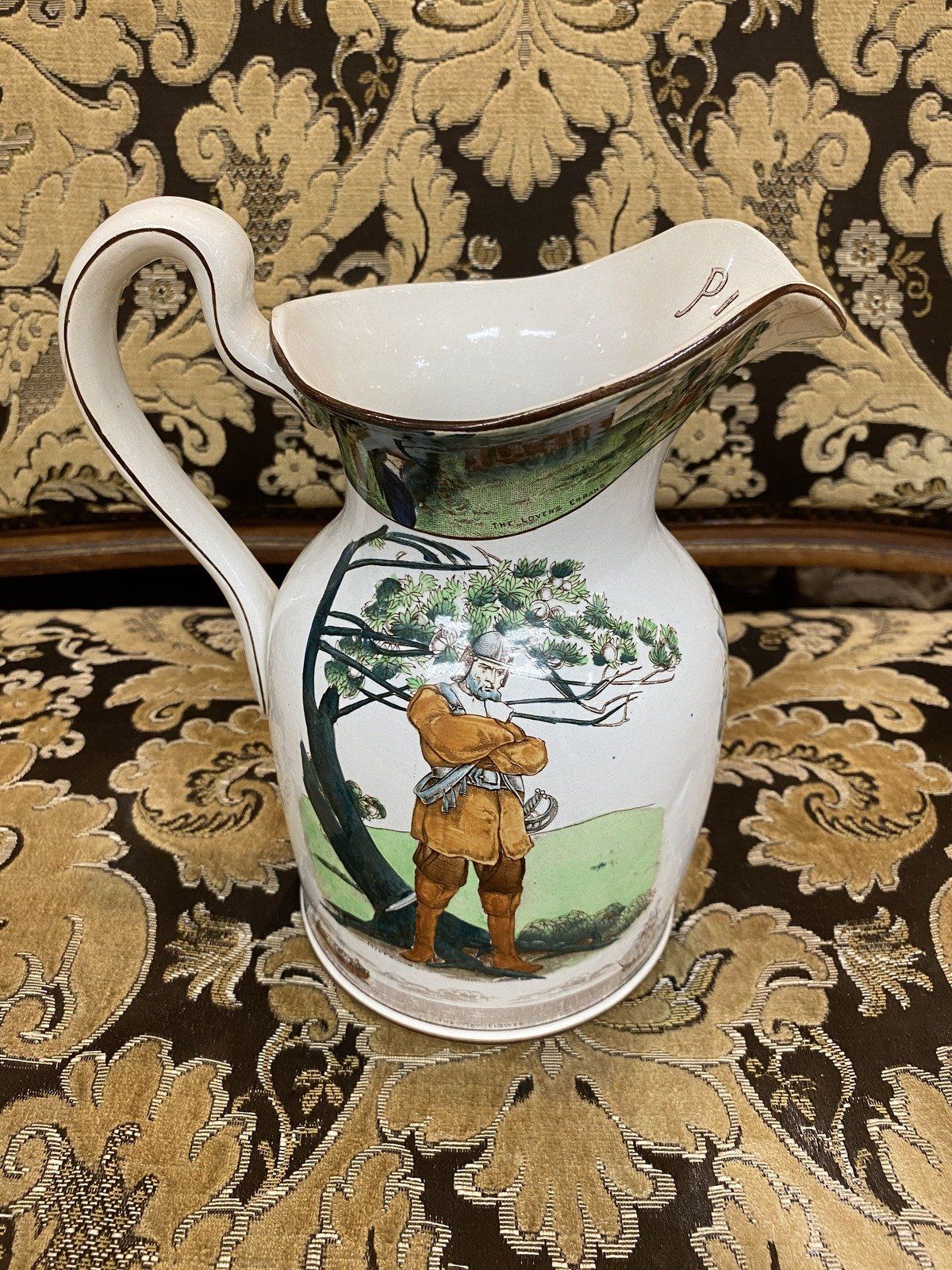 Antique c.1908 Ceramic Hand Painted Mayflower Pilgrimage Finely Detailed Buffalo Pottery Crock Milk Pitcher 5
