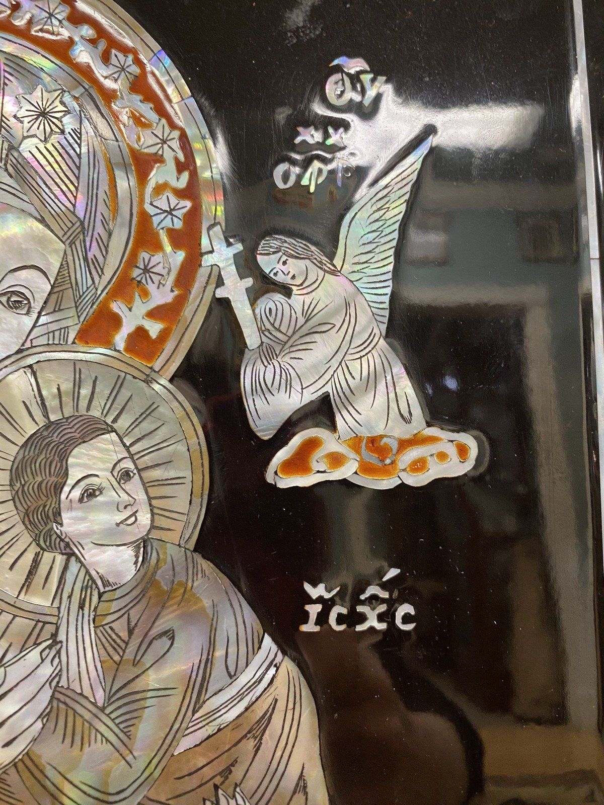 Religious Mother of Pearl Virgin Mary Lacquered Wood Wall Panel Art 5