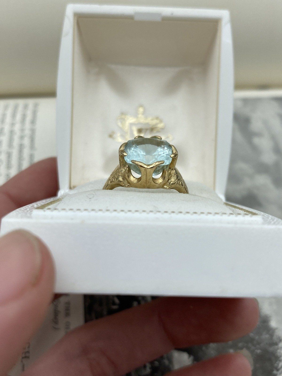 Antique Victorian 14k Gold High Quality Natural Cushion Cut Aquamarine Dress Ring w Carved Shoulder Motif + Lovely Prong Design 11