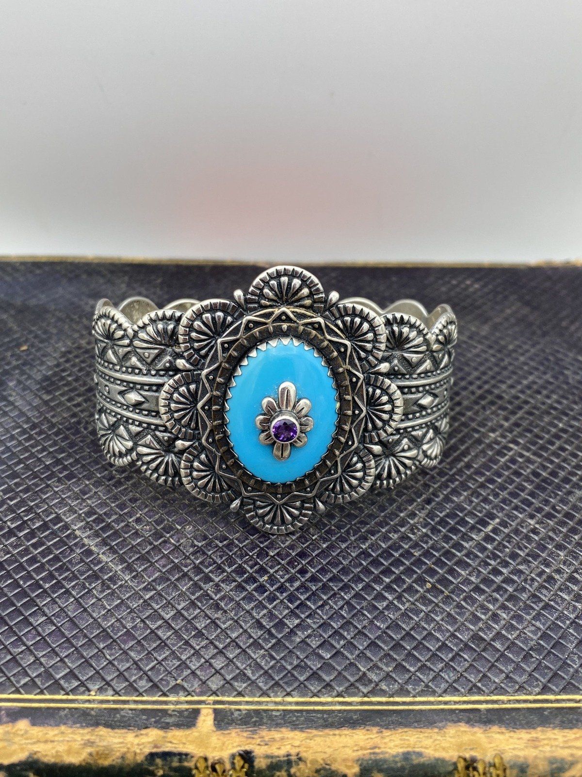 Signed Carilyn Pollack Sterling Silver Concho Cuff Bracelet w Amethyst + Synthesized Turquoise #2473 4