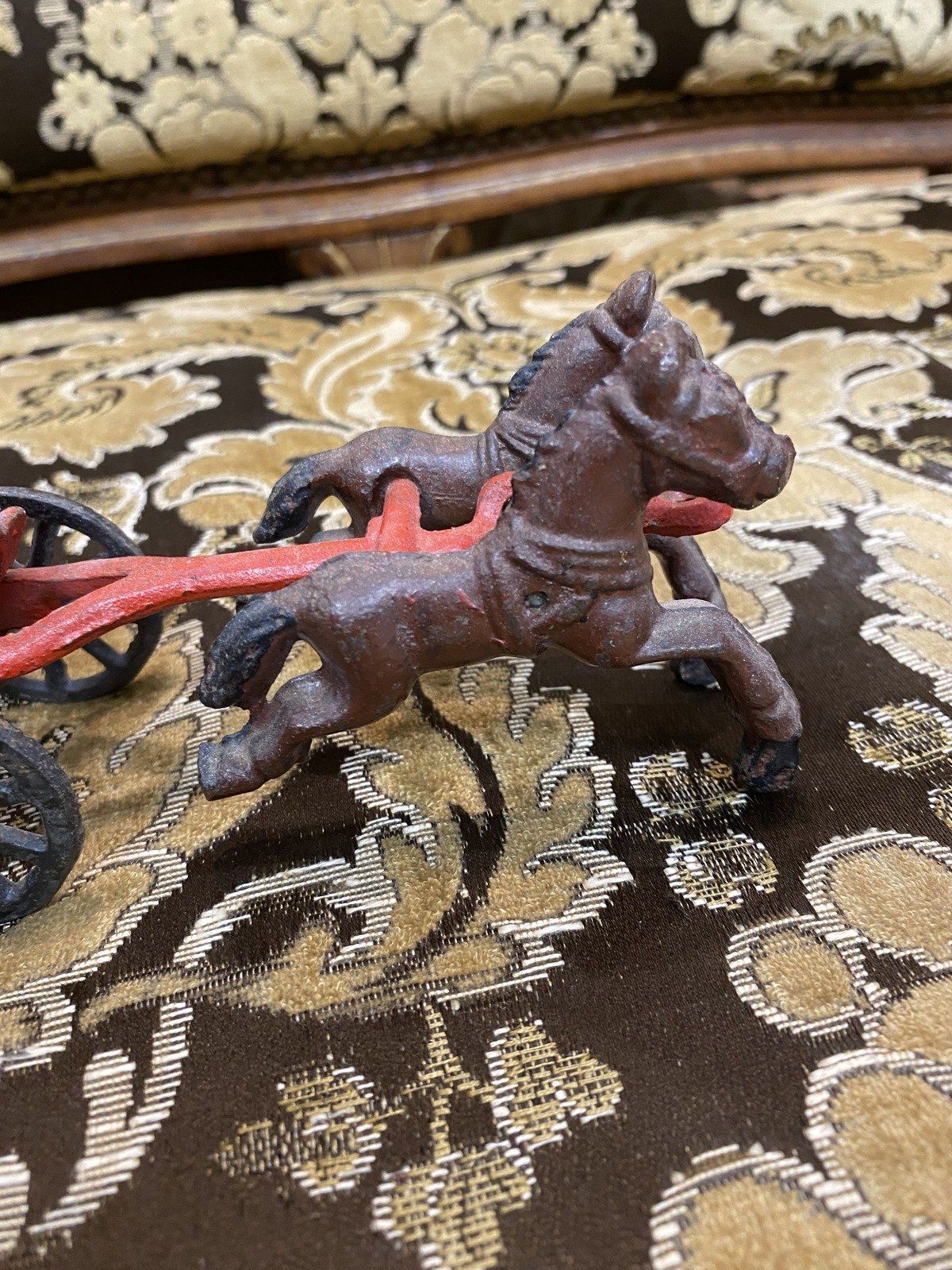 Miniature Cast Iron Vintage Fire Fighter Horse Drawn Toy 3