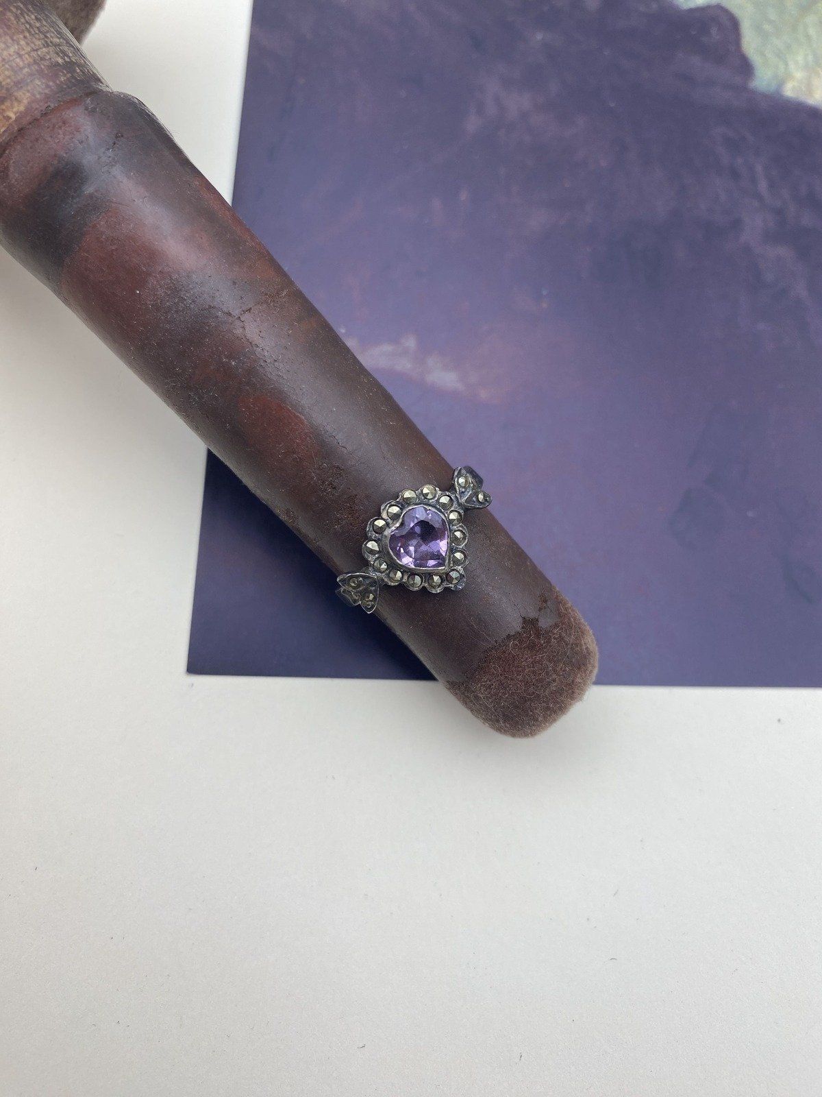 Antique c.1920s Sterling Silver Marcasite + Amethyst Heart Ring + Drop Earrings *SET* 5