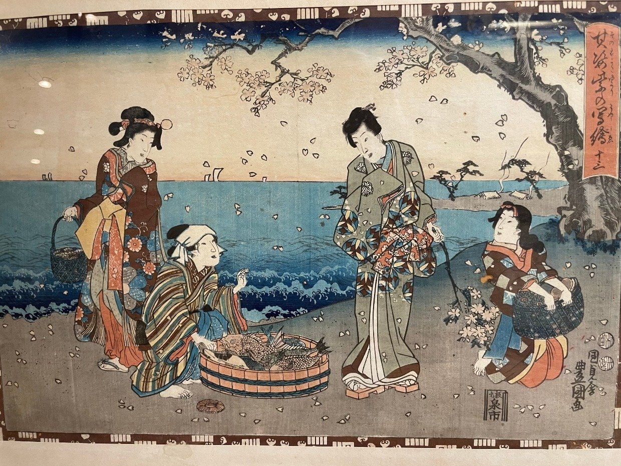 Edo Period 19th c. Utagawa Kunisada Woodblock Prints of Seaside Japanese Women Gathers 2