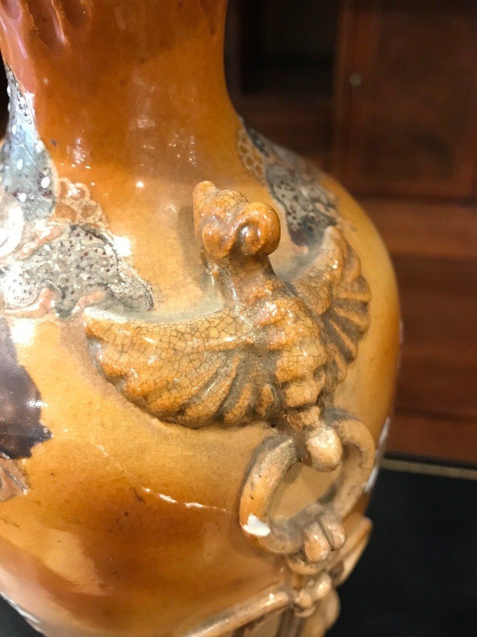 Antique Pair of Oriental Ceramic Phoenix Cherry Blossom Vases 4