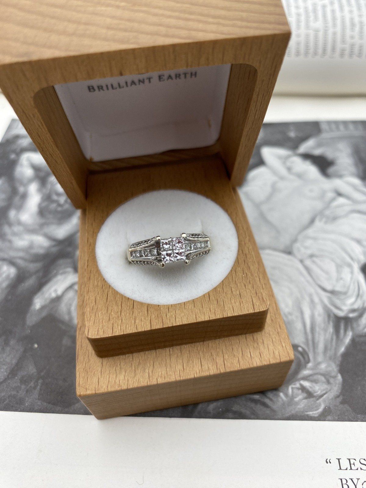 Ladies 14k White Gold Princess Cluster Diamond Engagement Ring w Lovely Pave Shoulders and Under Band Diamond Detail 2
