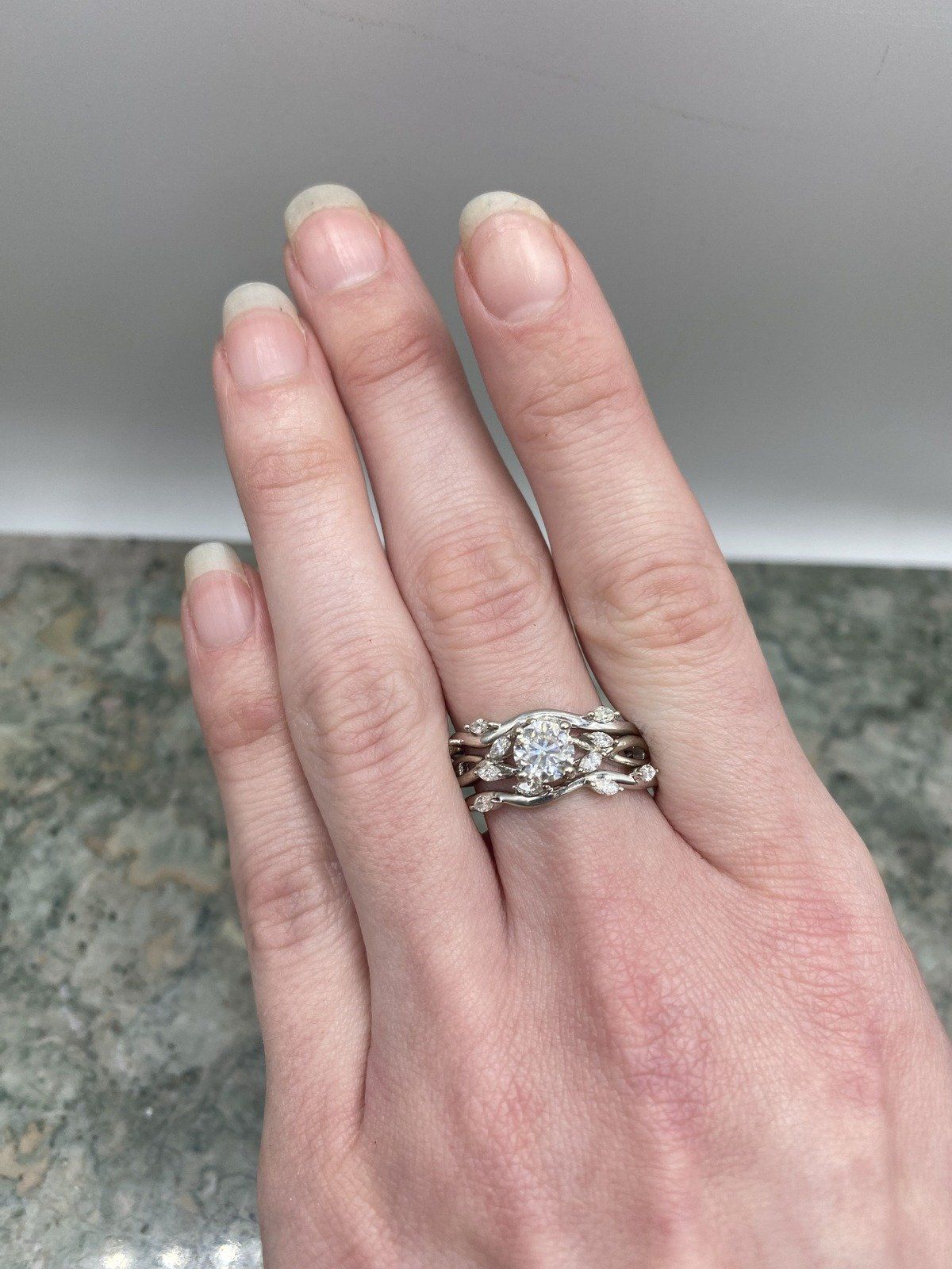 Unique 14k White Gold 1ct Solitaire Center Diamond Engagement Ring + Marquise Scalloped Frond-esc Matching Diamond Bands 6