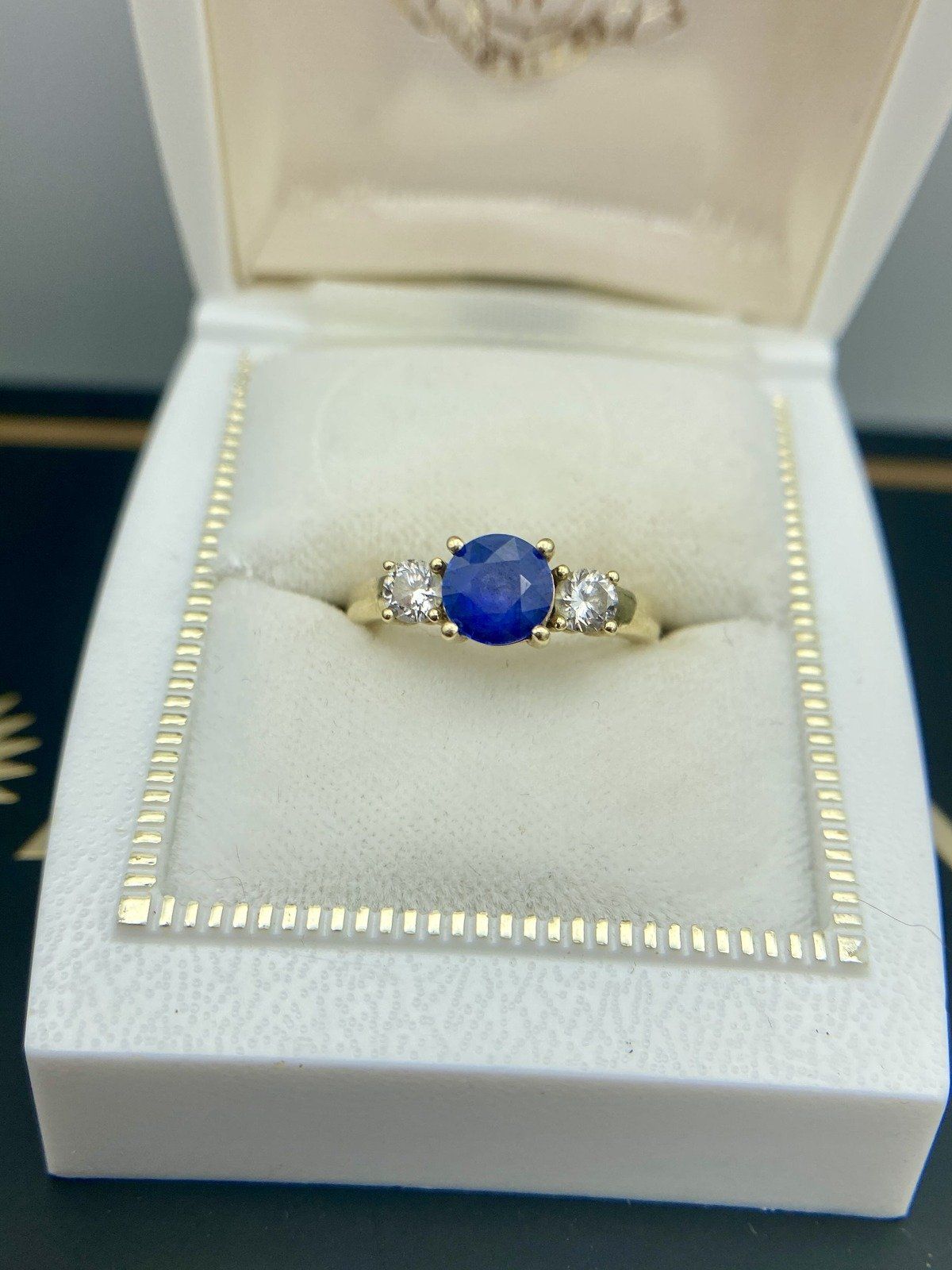 Angara 14k Gold 1ct Sapphire + .32ct Diamond Trio Stone Ladies Ring w GIA + Display Box 4
