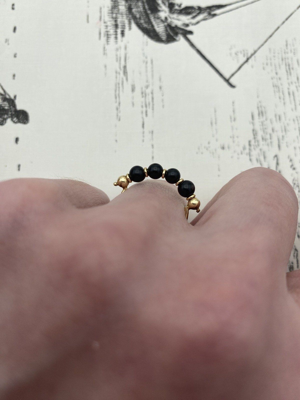 Vintage 14k Gold Spherical Onyx Bead Ring Band #2218 7