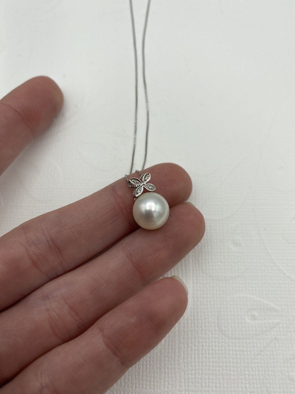 Vintage 14k White Gold Diamond Bail Cultured Pearl 18L Drop Necklace #2212 2