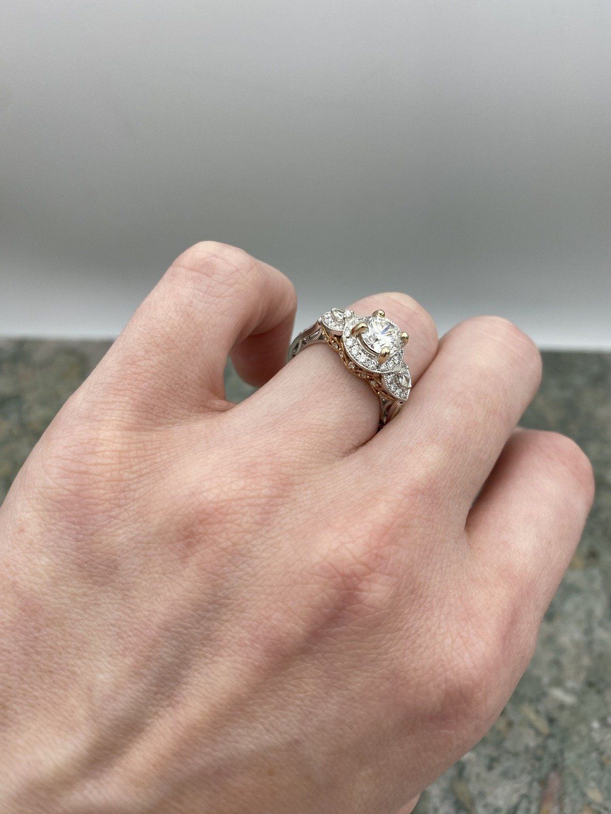 Ladies 1.01ct Center Round Brilliant Diamond Engagement Ring w Pear Should Diamonds + Rose Gold Ornament + GIA Documentation 6