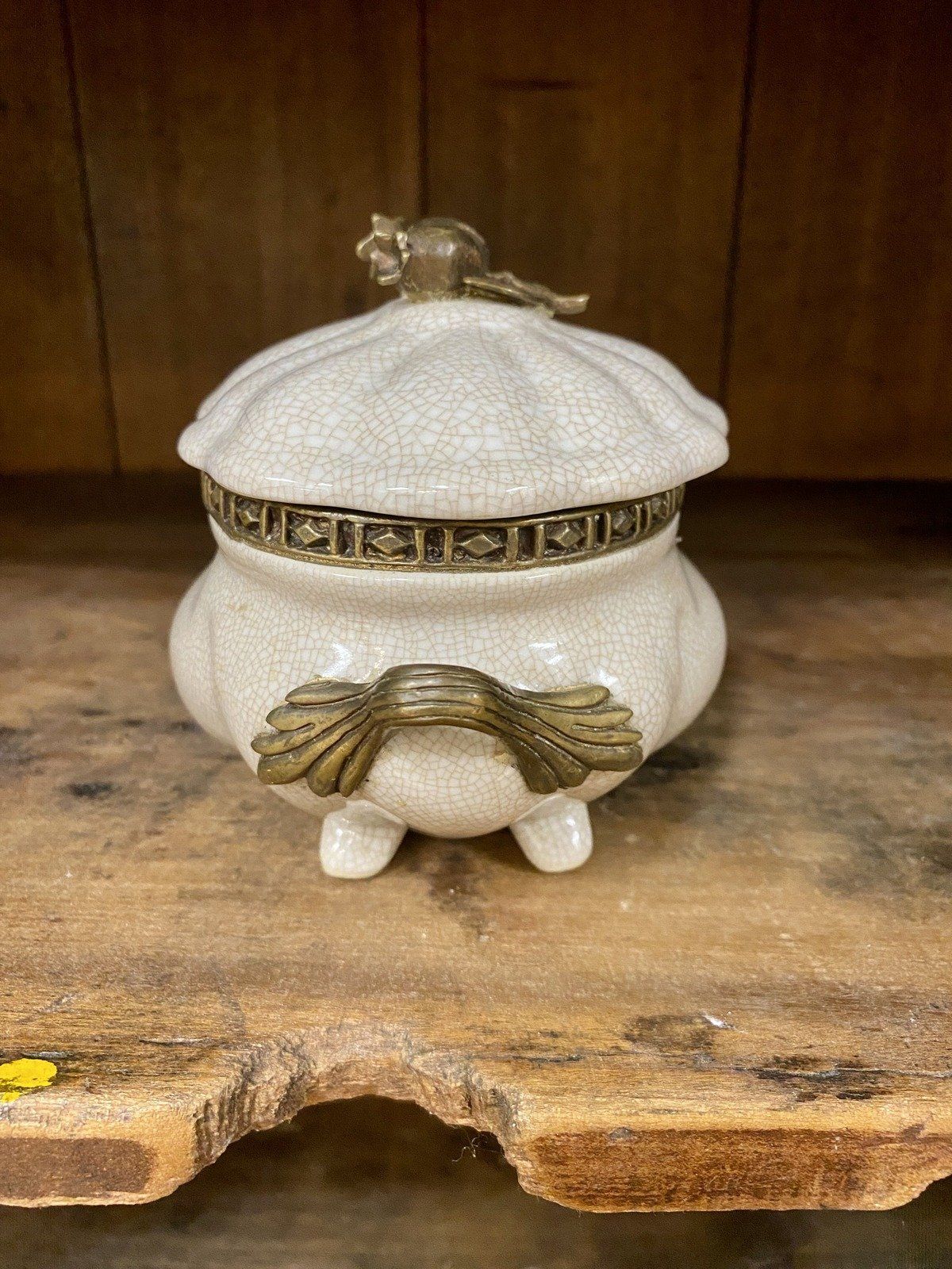 Taupe Crazed Ceramic + Bronze Pomegranate Lidded Storage Box w Handles 3