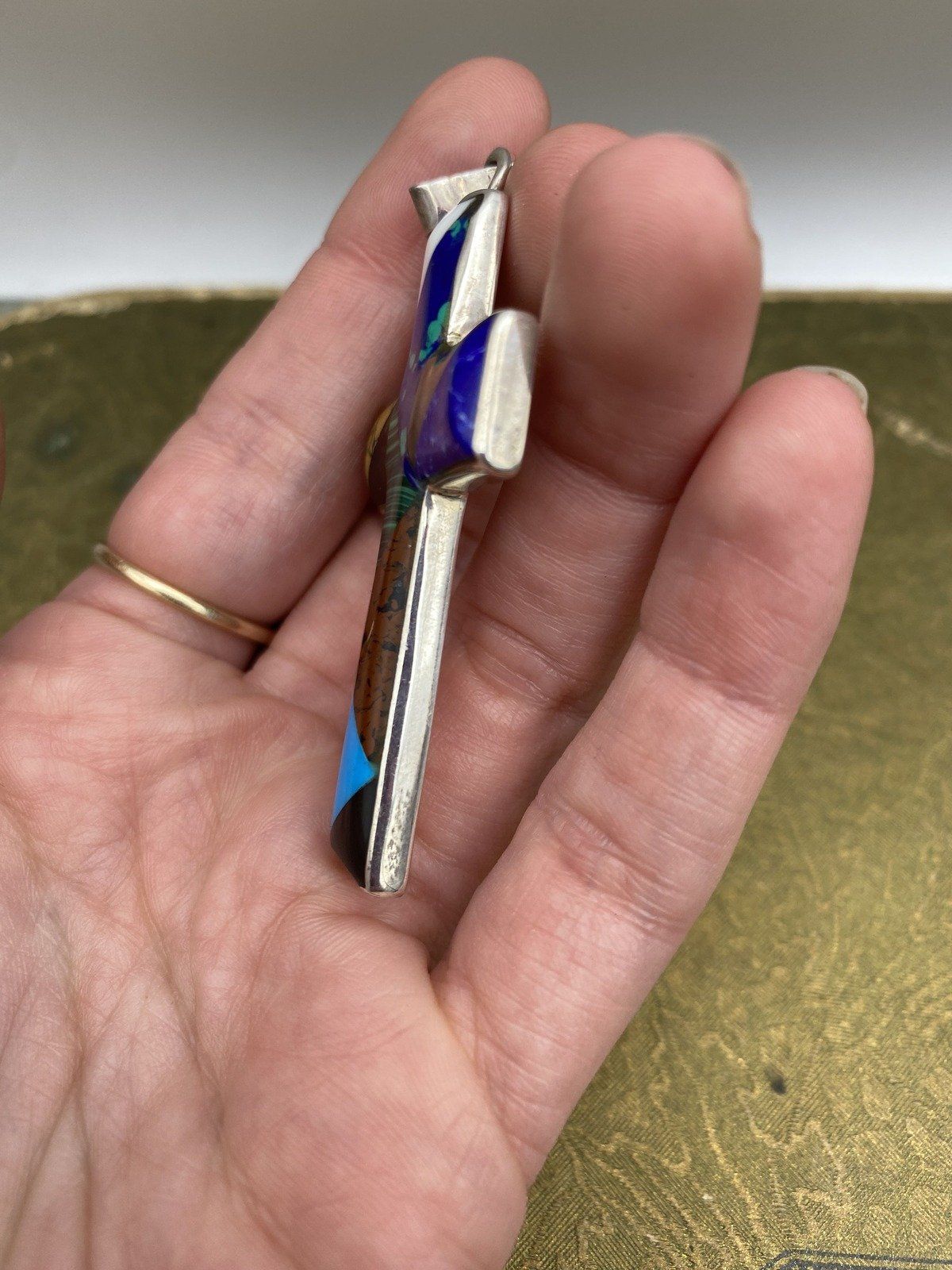 Large Sterling Silver Mexico Natural Gemstone Inlaid Sleek Cross Pendant 2