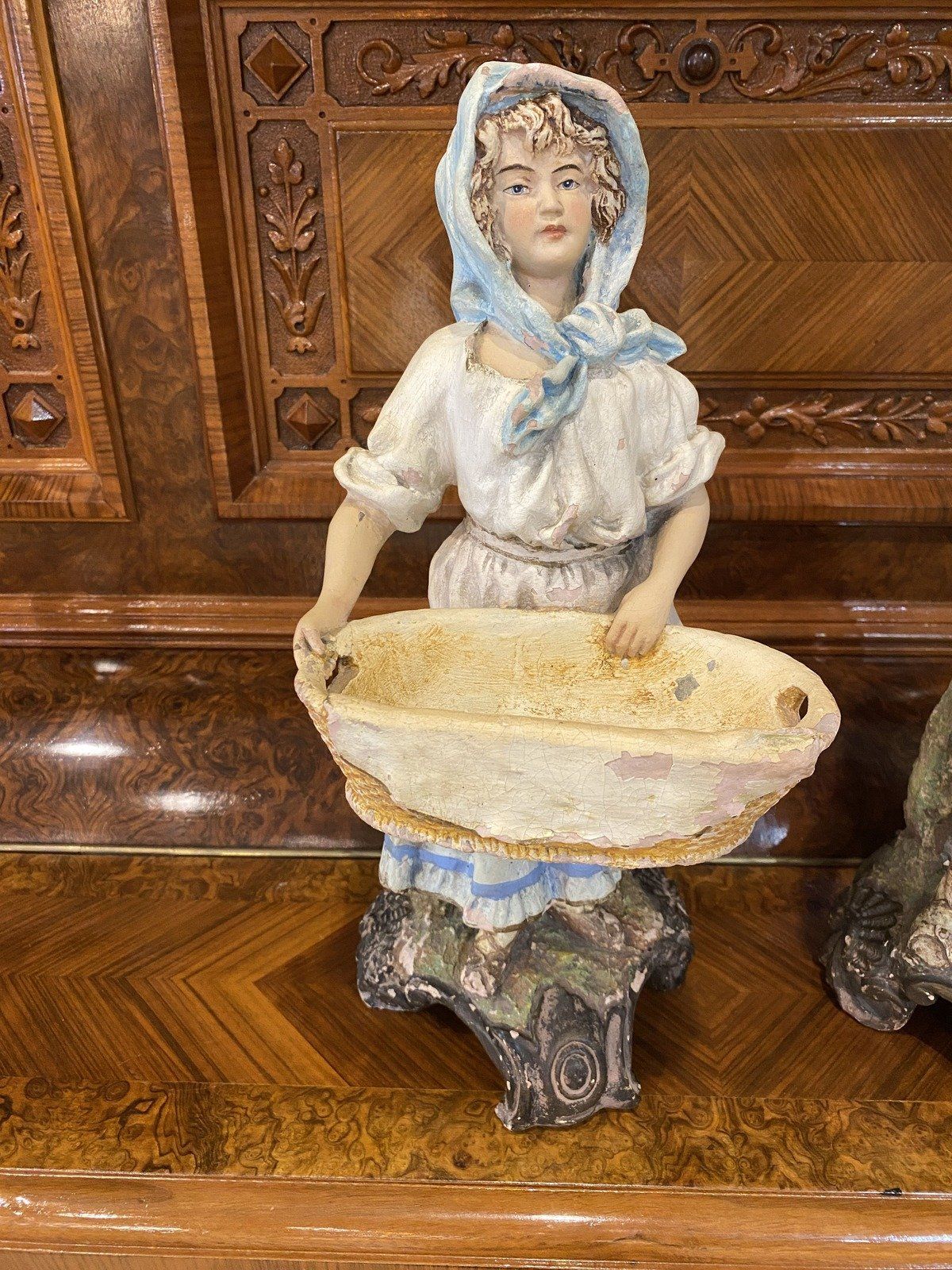 Antique 19th c. Figural Pair of Pottery Sculpture w Wash Bowl Basins 7