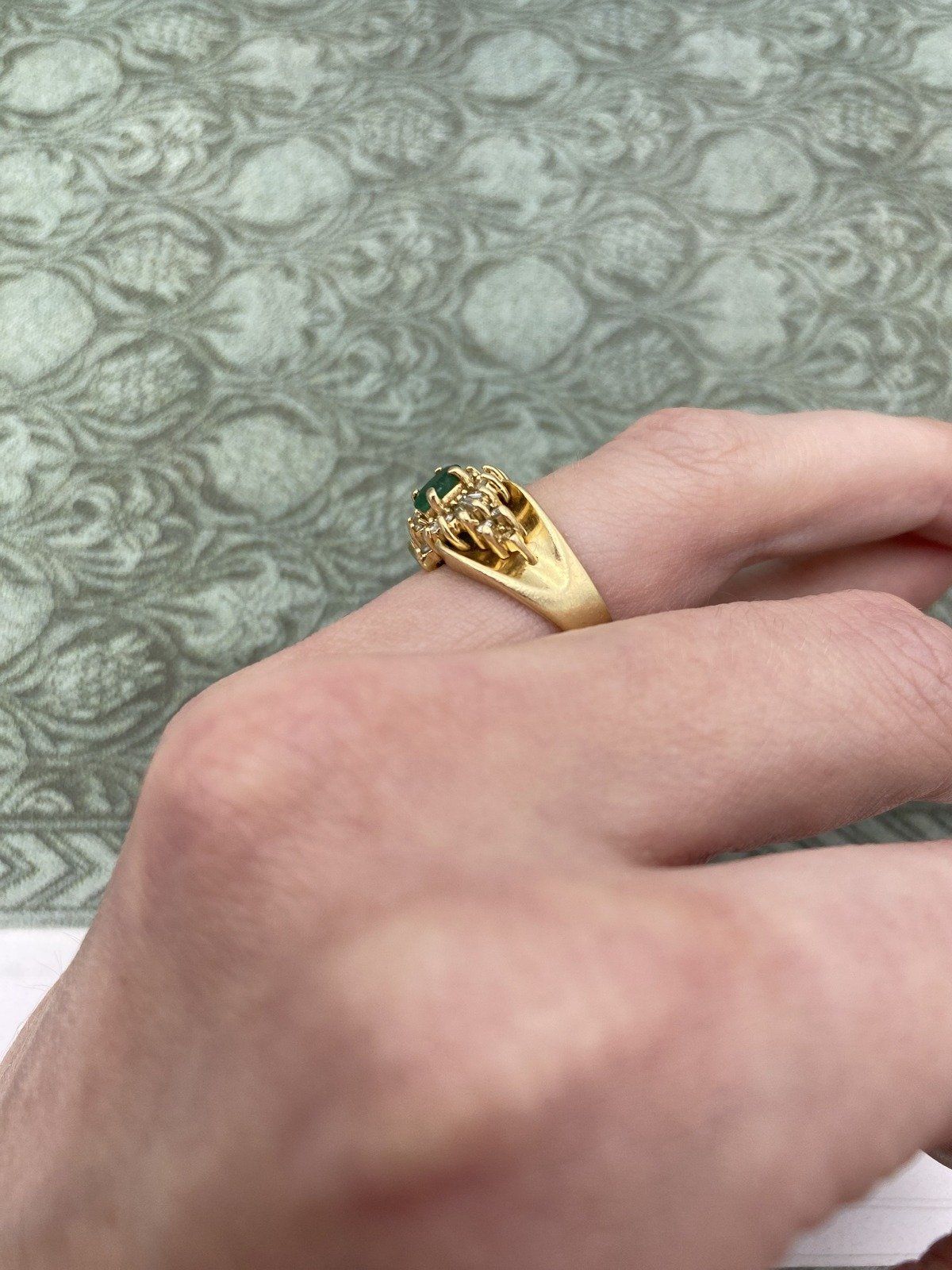 Vintage 14k Gold Emerald + Baguette Diamond Burst Ring w Taper Cupped Shoulders #2533 8